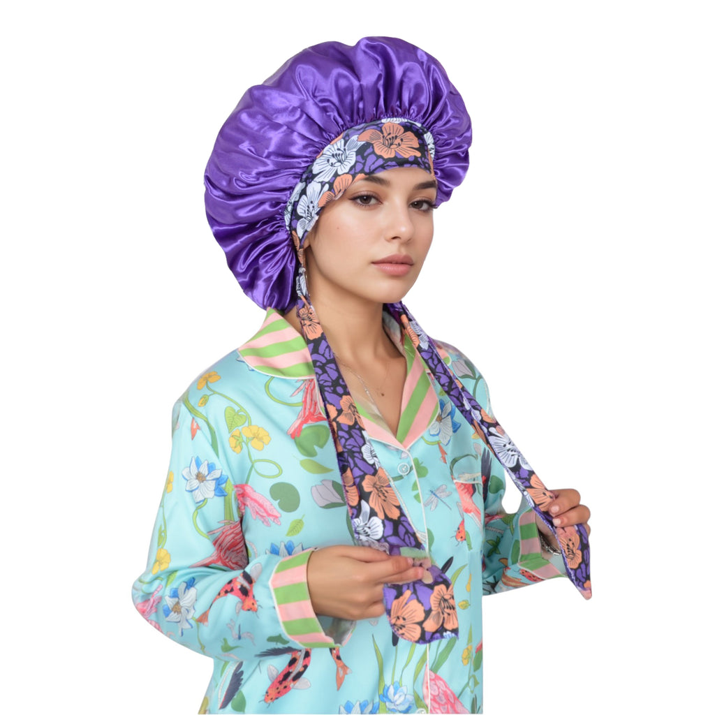 Anna-Kaci Women Silk Bonnet for Sleeping Satin Lined Hair Bonnet with Floral Tie Band for Curly Hair Protection