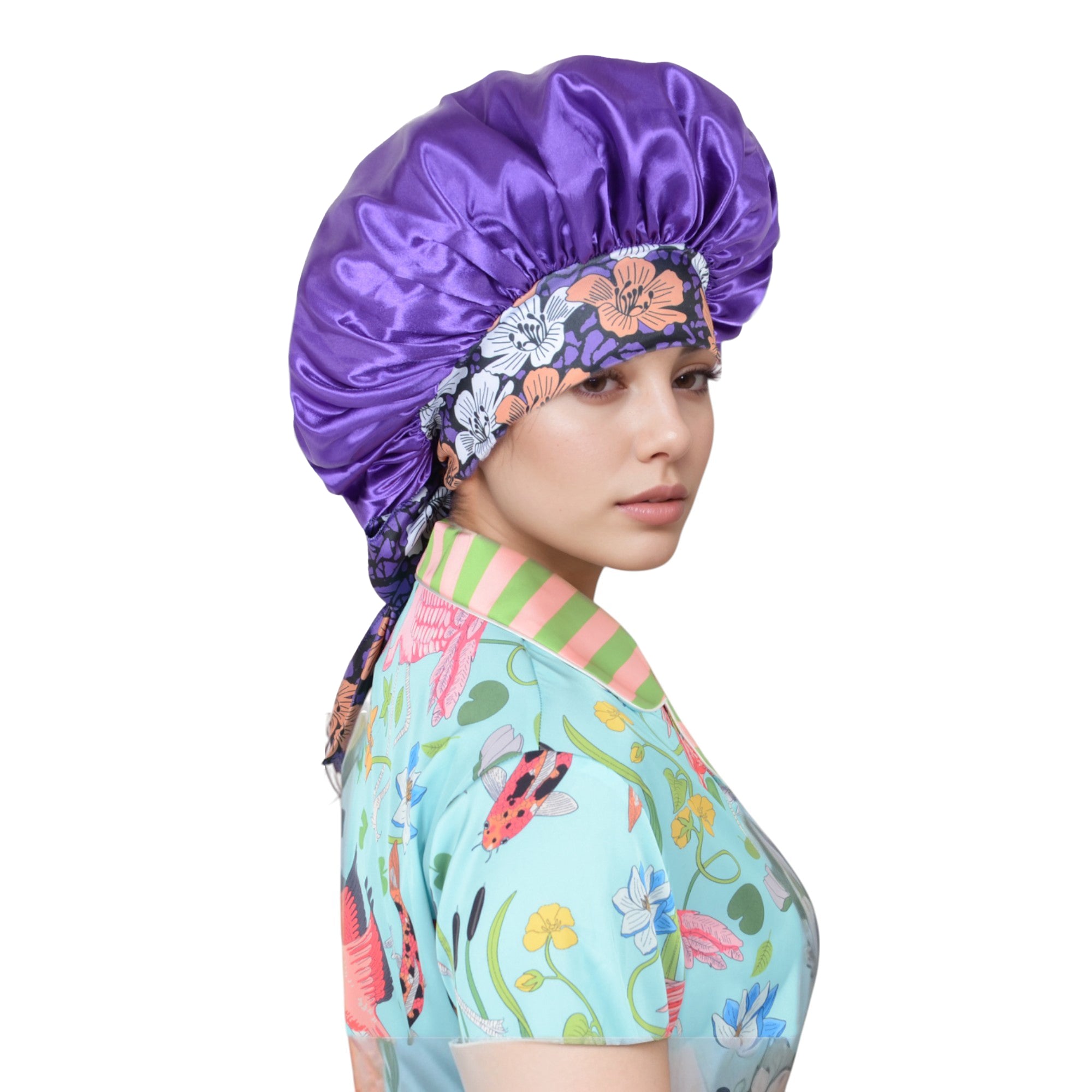 Anna-Kaci Women Silk Bonnet for Sleeping Satin Lined Hair Bonnet with Floral Tie Band for Curly Hair Protection