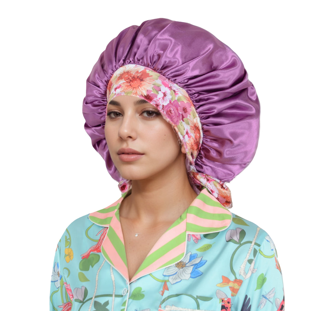 Anna-Kaci Women Silk Bonnet for Sleeping Satin Lined Hair Bonnet with Floral Tie Band for Curly Hair Protection
