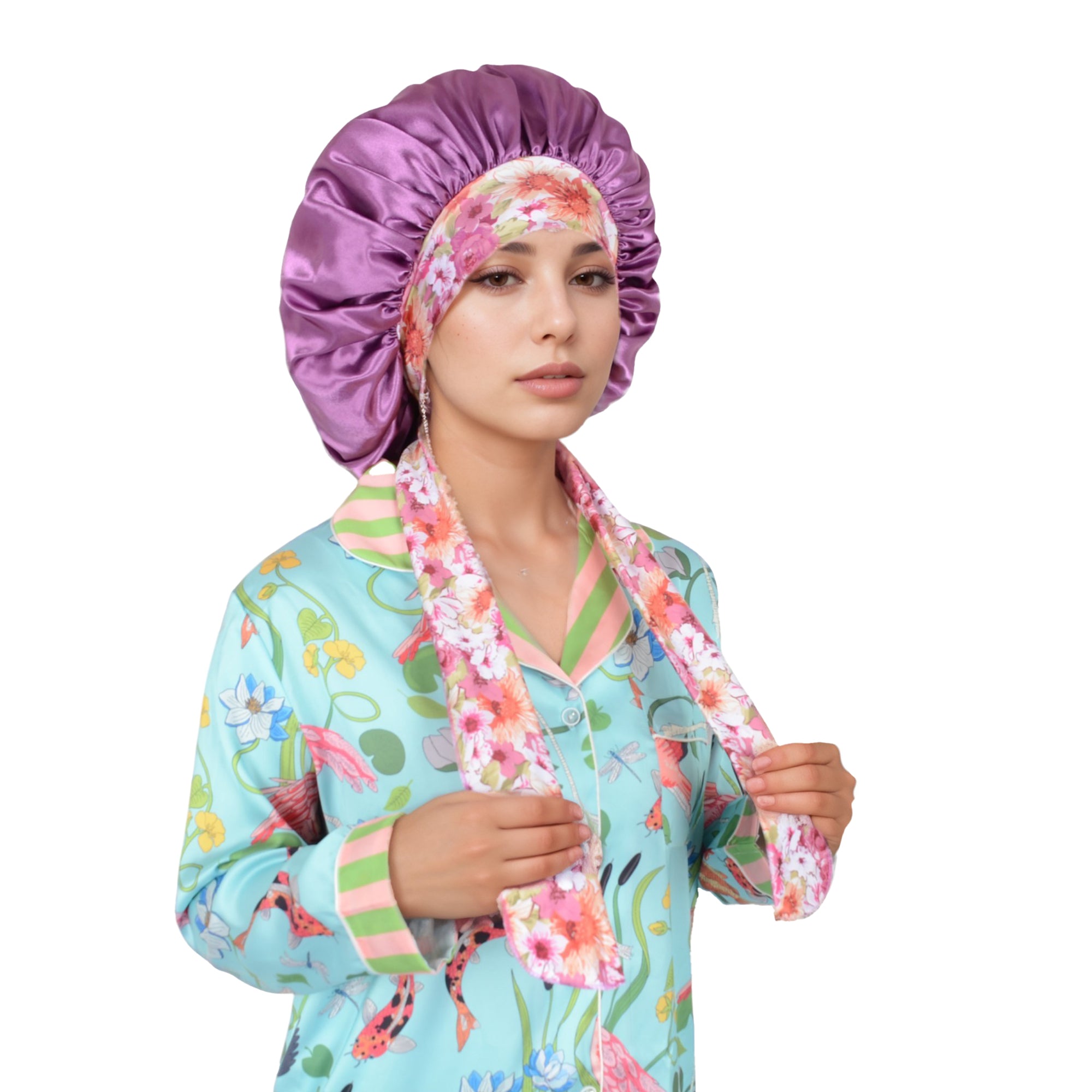 Anna-Kaci Women Silk Bonnet for Sleeping Satin Lined Hair Bonnet with Floral Tie Band for Curly Hair Protection
