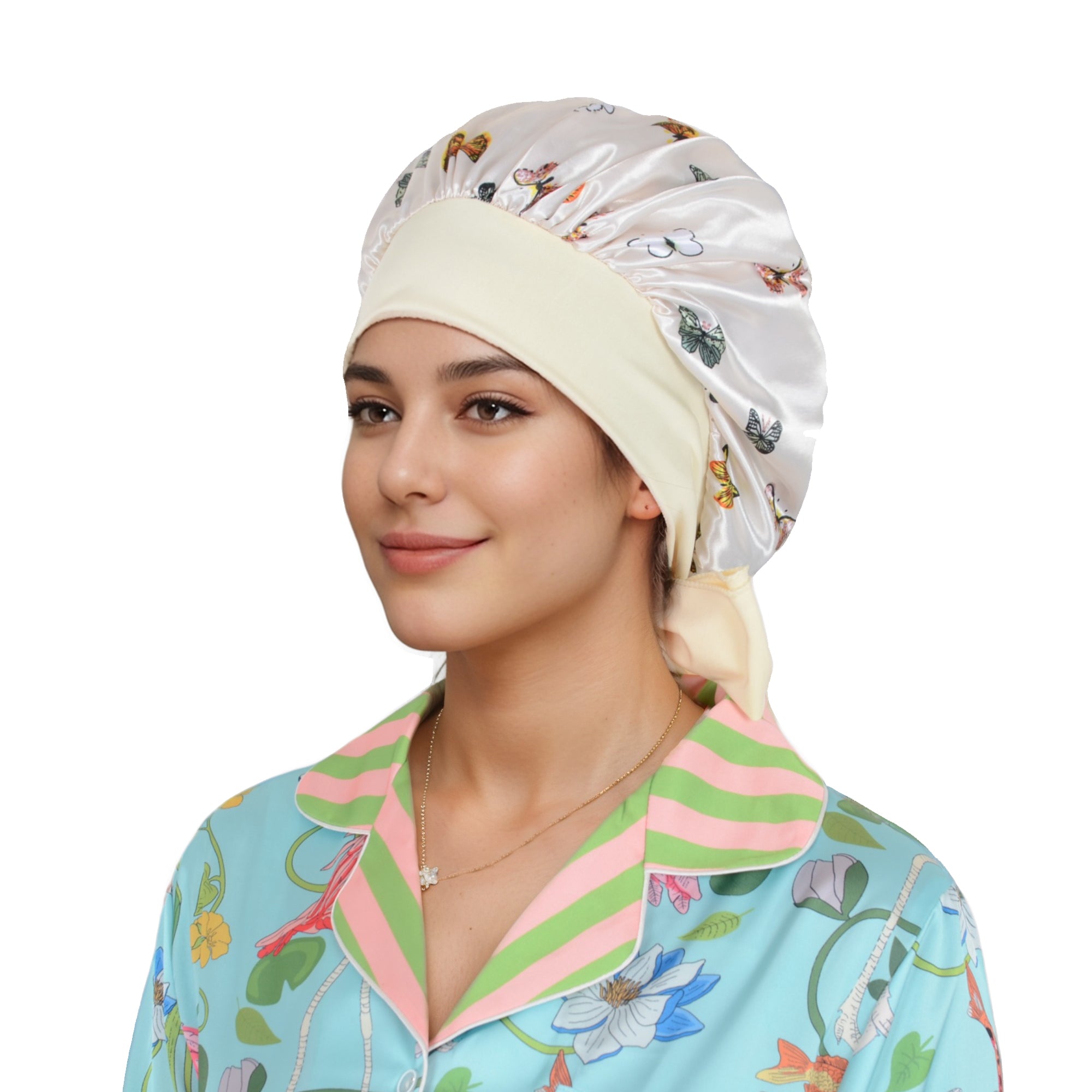 Anna-Kaci Women Silk Bonnet for Sleeping Satin Hair Bonnet with Butterfly Print and Adjustable Tie Band