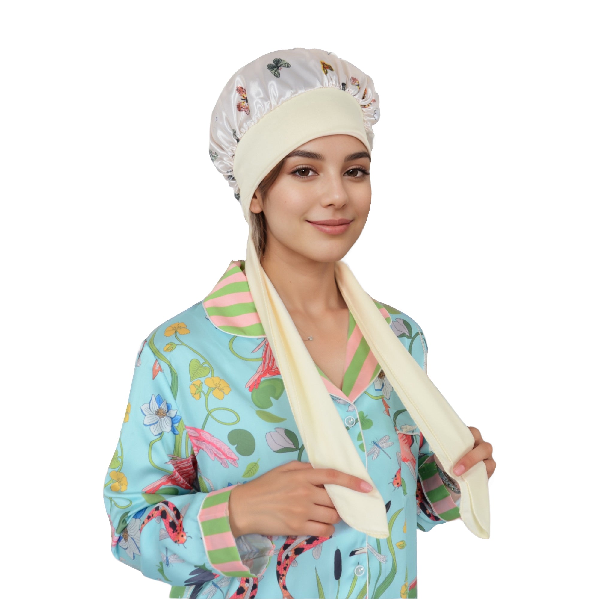 Anna-Kaci Women Silk Bonnet for Sleeping Satin Hair Bonnet with Butterfly Print and Adjustable Tie Band