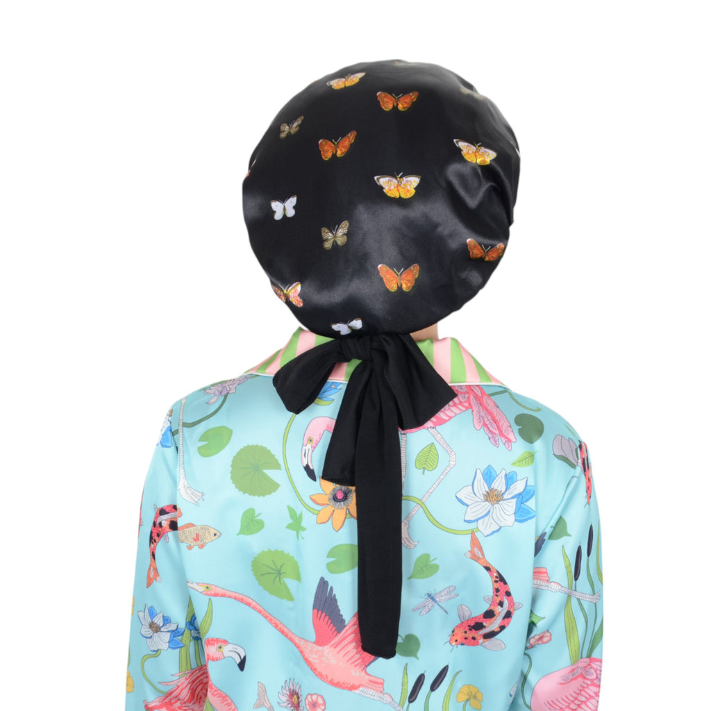 Anna-Kaci Women Silk Bonnet for Sleeping Satin Hair Bonnet with Butterfly Print and Adjustable Tie Band