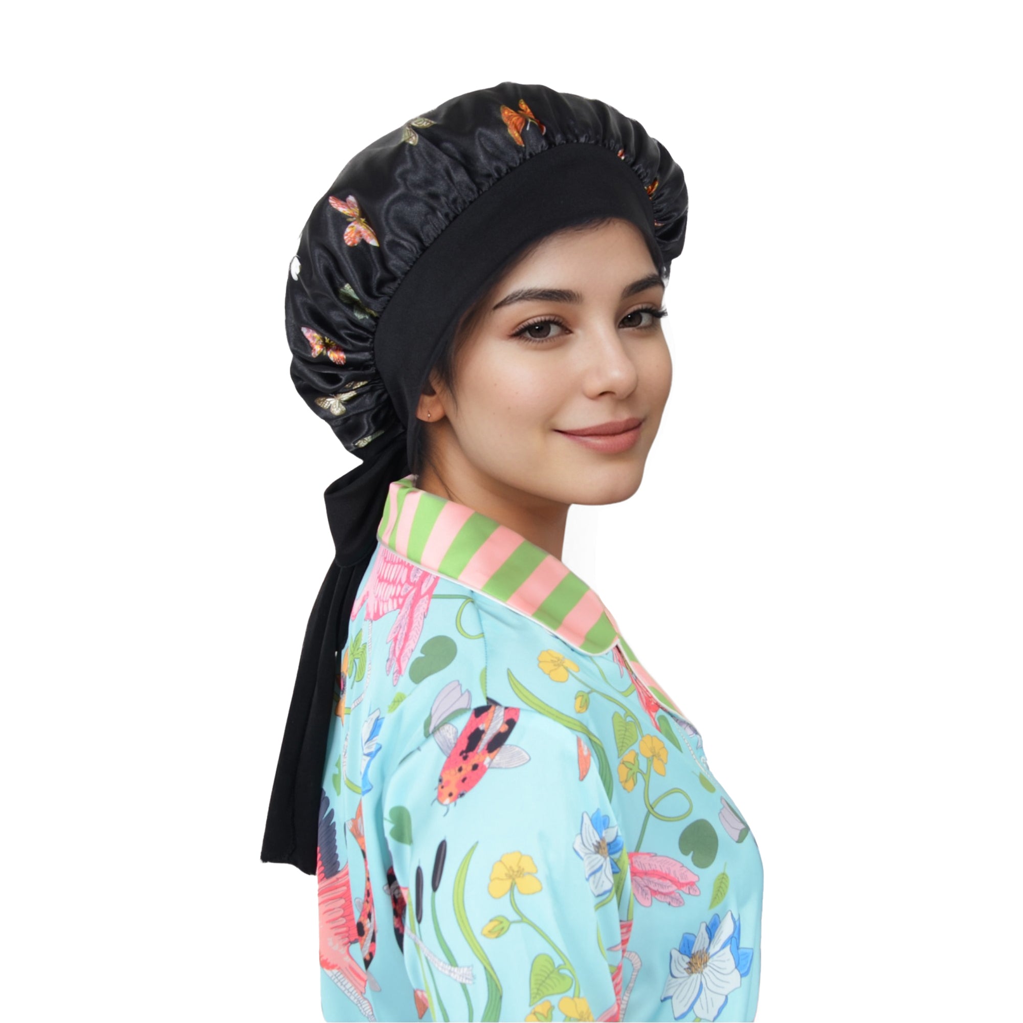 Anna-Kaci Women Silk Bonnet for Sleeping Satin Hair Bonnet with Butterfly Print and Adjustable Tie Band