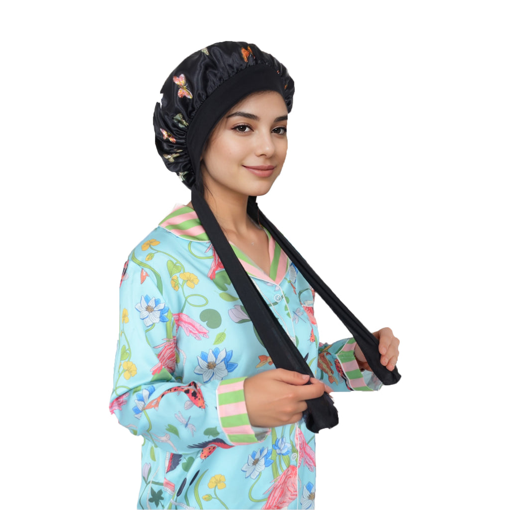 Anna-Kaci Women Silk Bonnet for Sleeping Satin Hair Bonnet with Butterfly Print and Adjustable Tie Band