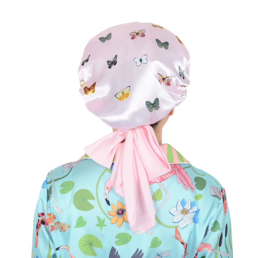 Anna-Kaci Women Silk Bonnet for Sleeping Satin Hair Bonnet with Butterfly Print and Adjustable Tie Band