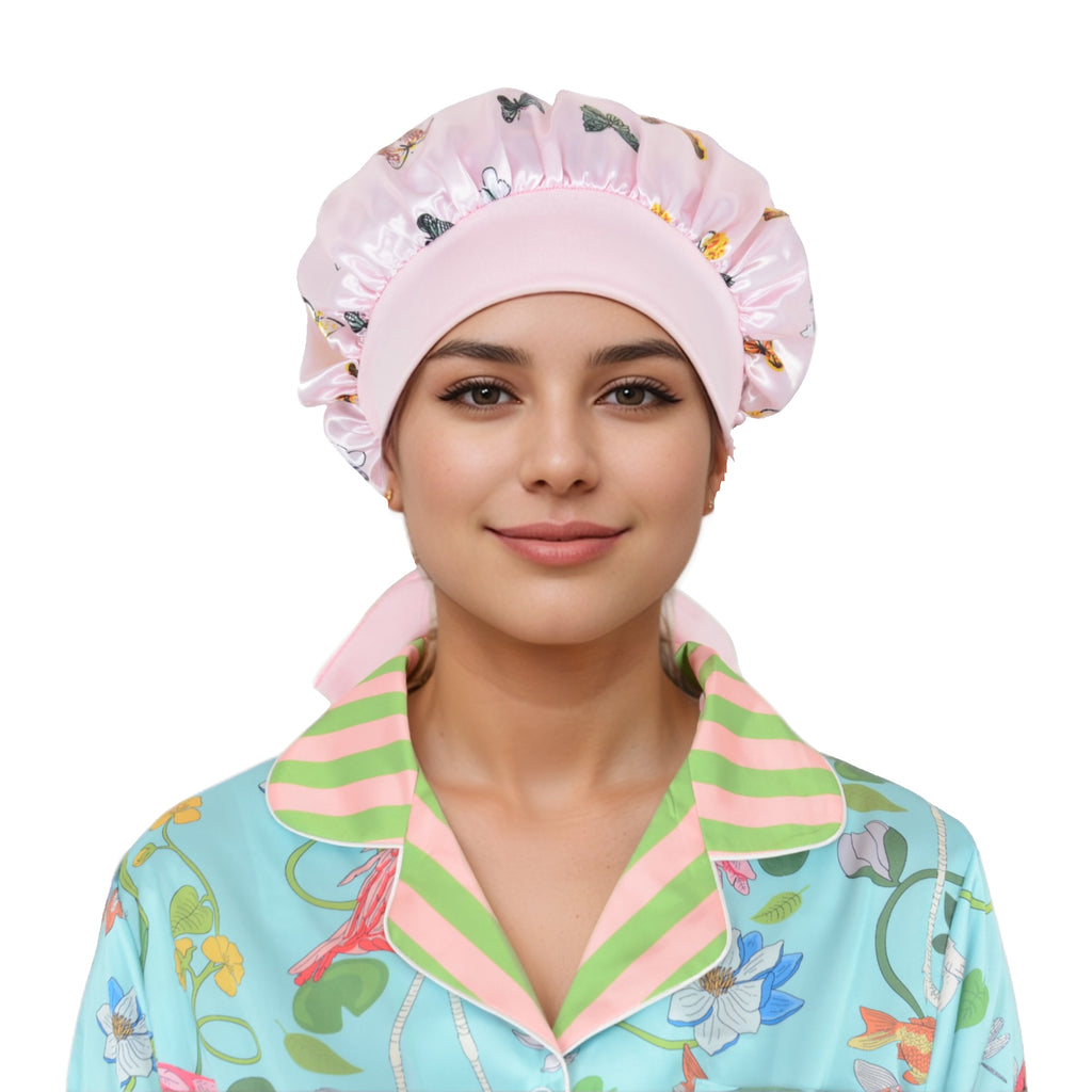 Anna-Kaci Women Silk Bonnet for Sleeping Satin Hair Bonnet with Butterfly Print and Adjustable Tie Band