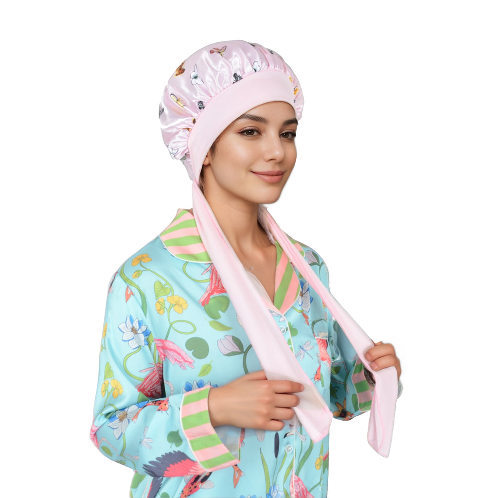 Anna-Kaci Women Silk Bonnet for Sleeping Satin Hair Bonnet with Butterfly Print and Adjustable Tie Band
