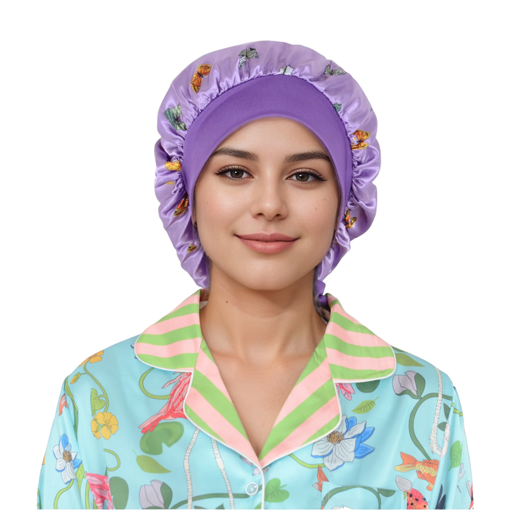 Anna-Kaci Women Silk Bonnet for Sleeping Satin Hair Bonnet with Butterfly Print and Adjustable Tie Band