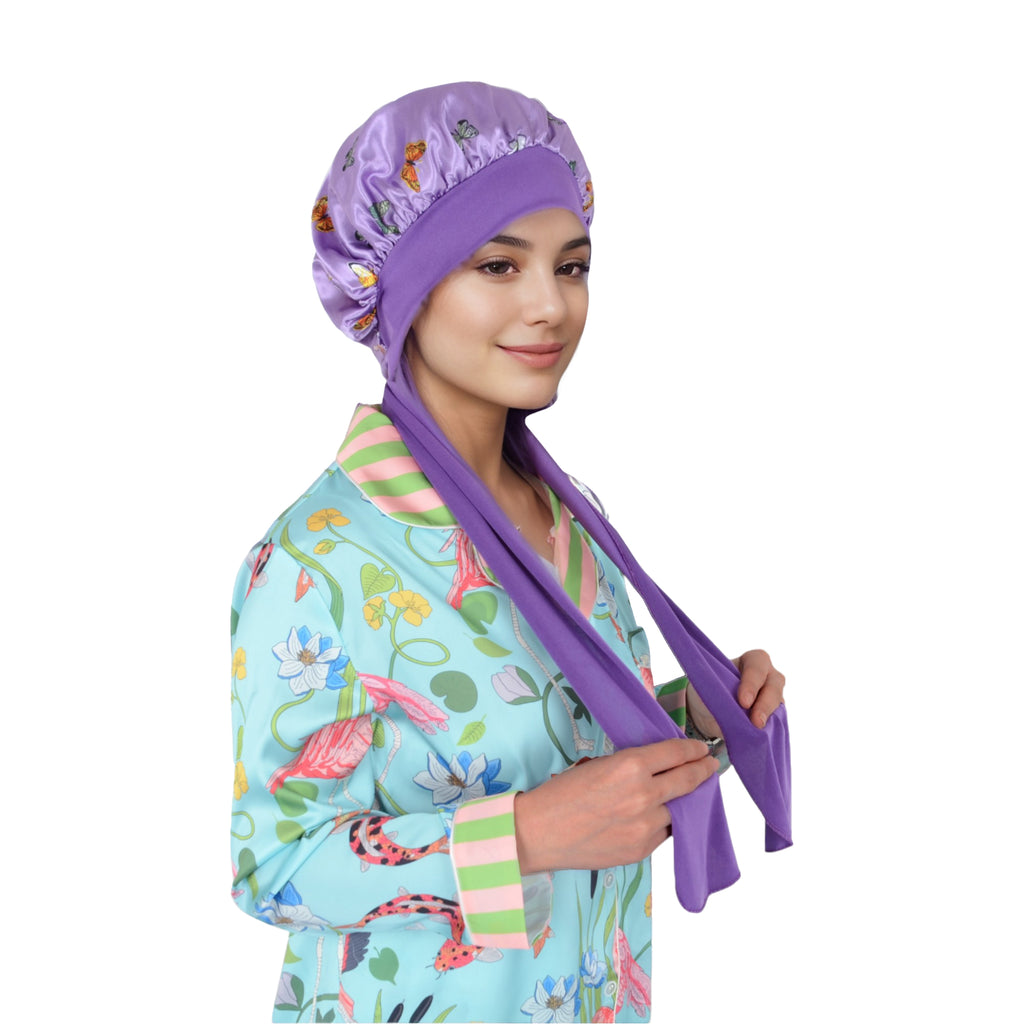 Anna-Kaci Women Silk Bonnet for Sleeping Satin Hair Bonnet with Butterfly Print and Adjustable Tie Band