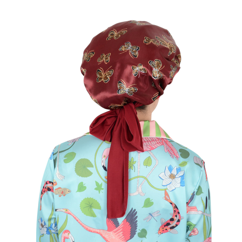 Anna-Kaci Women Silk Bonnet for Sleeping Satin Hair Bonnet with Butterfly Print and Adjustable Tie Band