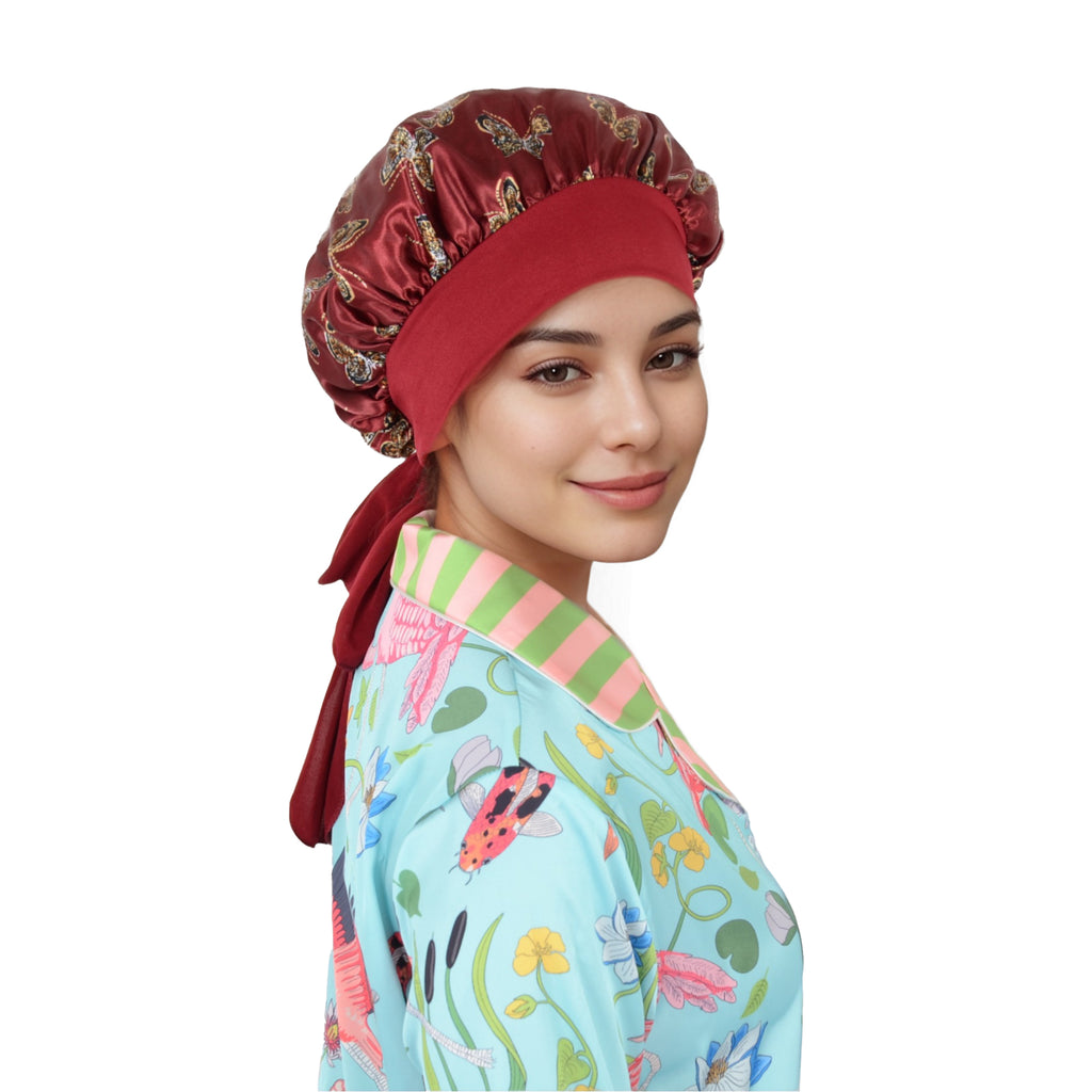 Anna-Kaci Women Silk Bonnet for Sleeping Satin Hair Bonnet with Butterfly Print and Adjustable Tie Band