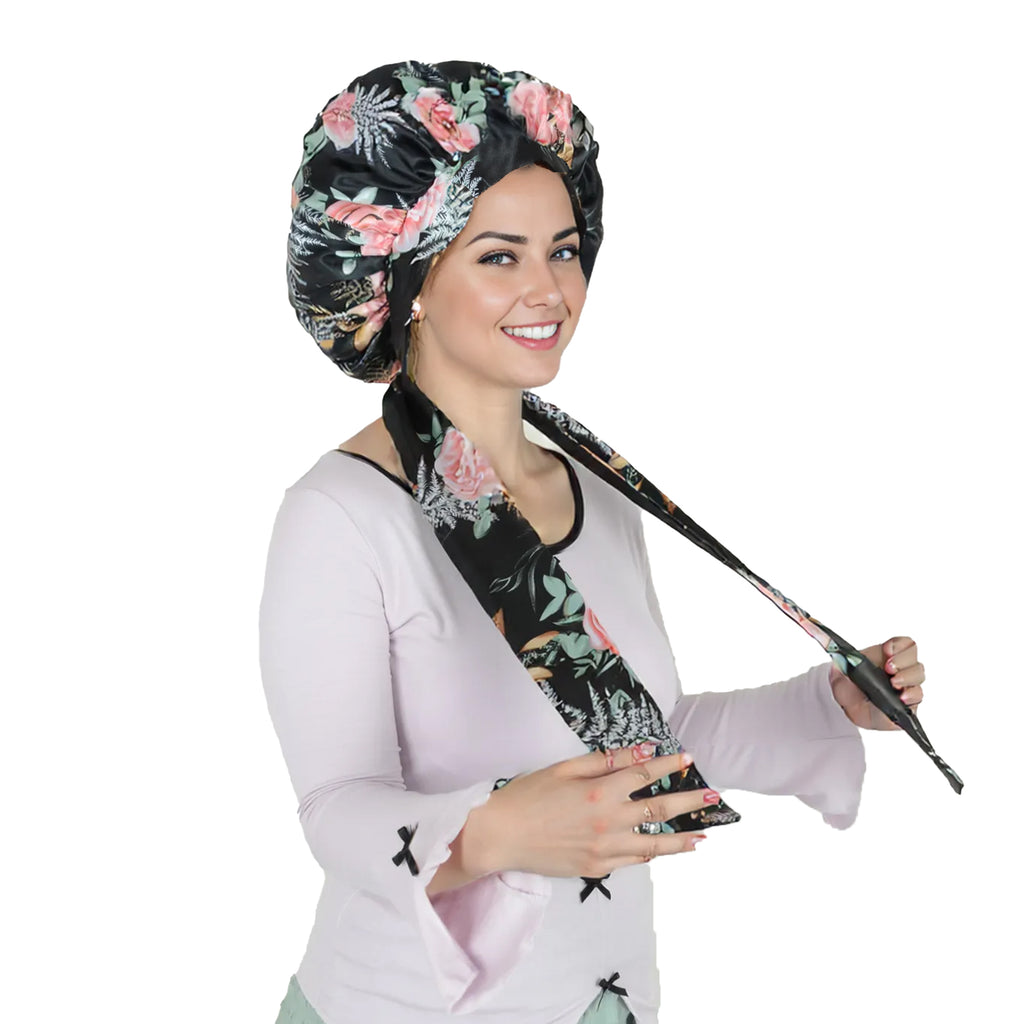 Anna-Kaci Women Silk Bonnet for Sleeping Satin Hair Bonnet with Floral Print and Long Tie Band