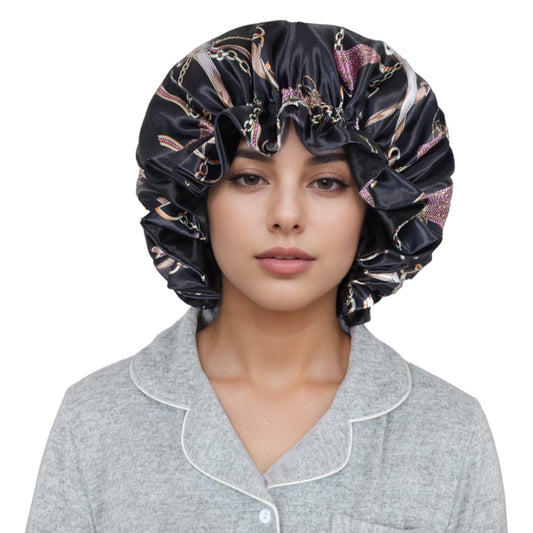 Anna-Kaci Satin Lined Print Bonnet Large Ruffled Edge Adjustable Sleep Cap for Natural Hair Protection