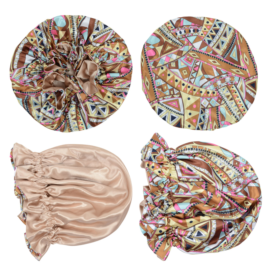 Anna-Kaci Satin Lined Print Bonnet Large Ruffled Edge Adjustable Sleep Cap for Natural Hair Protection