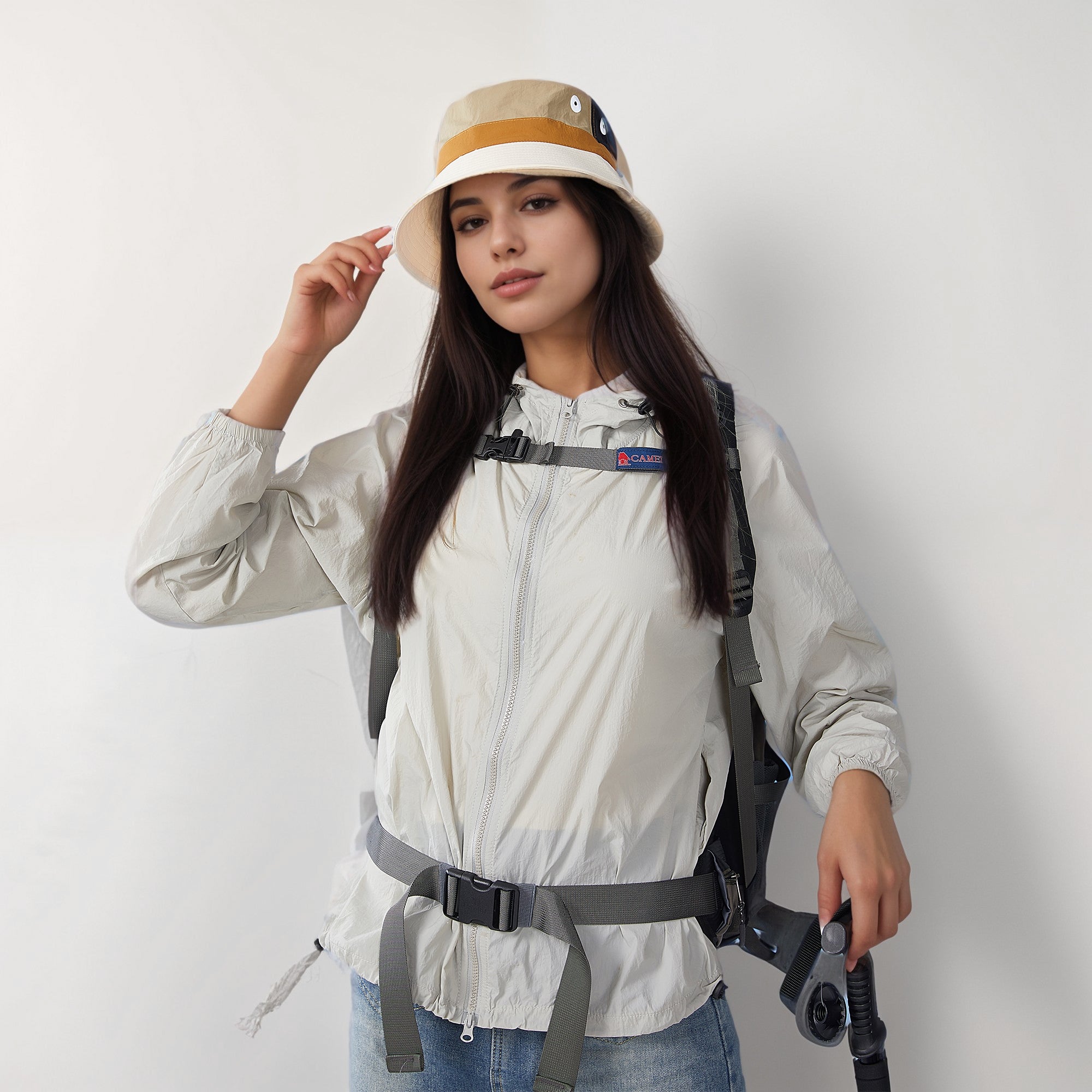 Anna-Kaci Outdoor Patchwork Bucket Hat Adjustable Chin Strap Breathable Wide Brim for Hiking Camping Travel