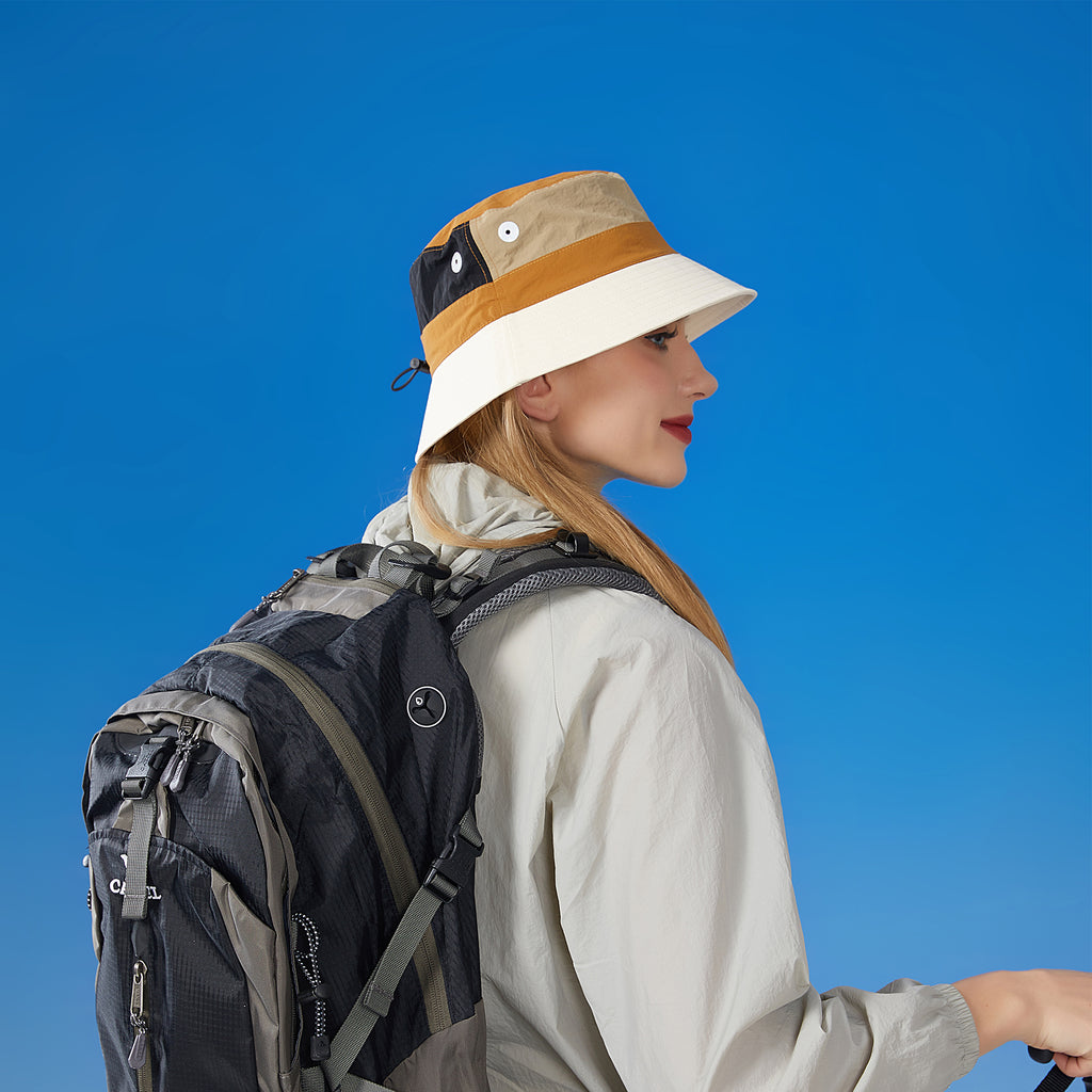 Anna-Kaci Outdoor Patchwork Bucket Hat Adjustable Chin Strap Breathable Wide Brim for Hiking Camping Travel