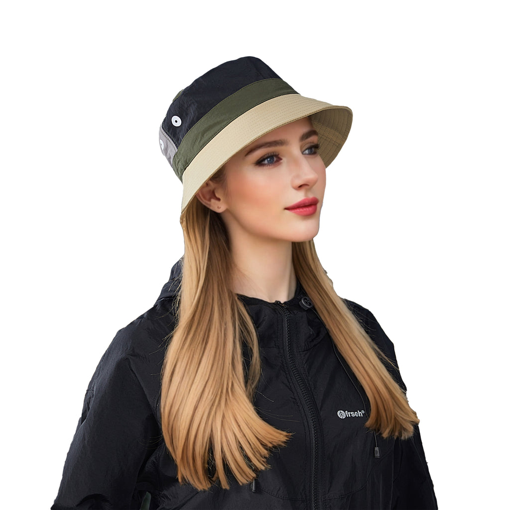 Anna-Kaci Outdoor Patchwork Bucket Hat Adjustable Chin Strap Breathable Wide Brim for Hiking Camping Travel
