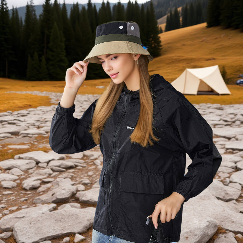 Anna-Kaci Outdoor Patchwork Bucket Hat Adjustable Chin Strap Breathable Wide Brim for Hiking Camping Travel