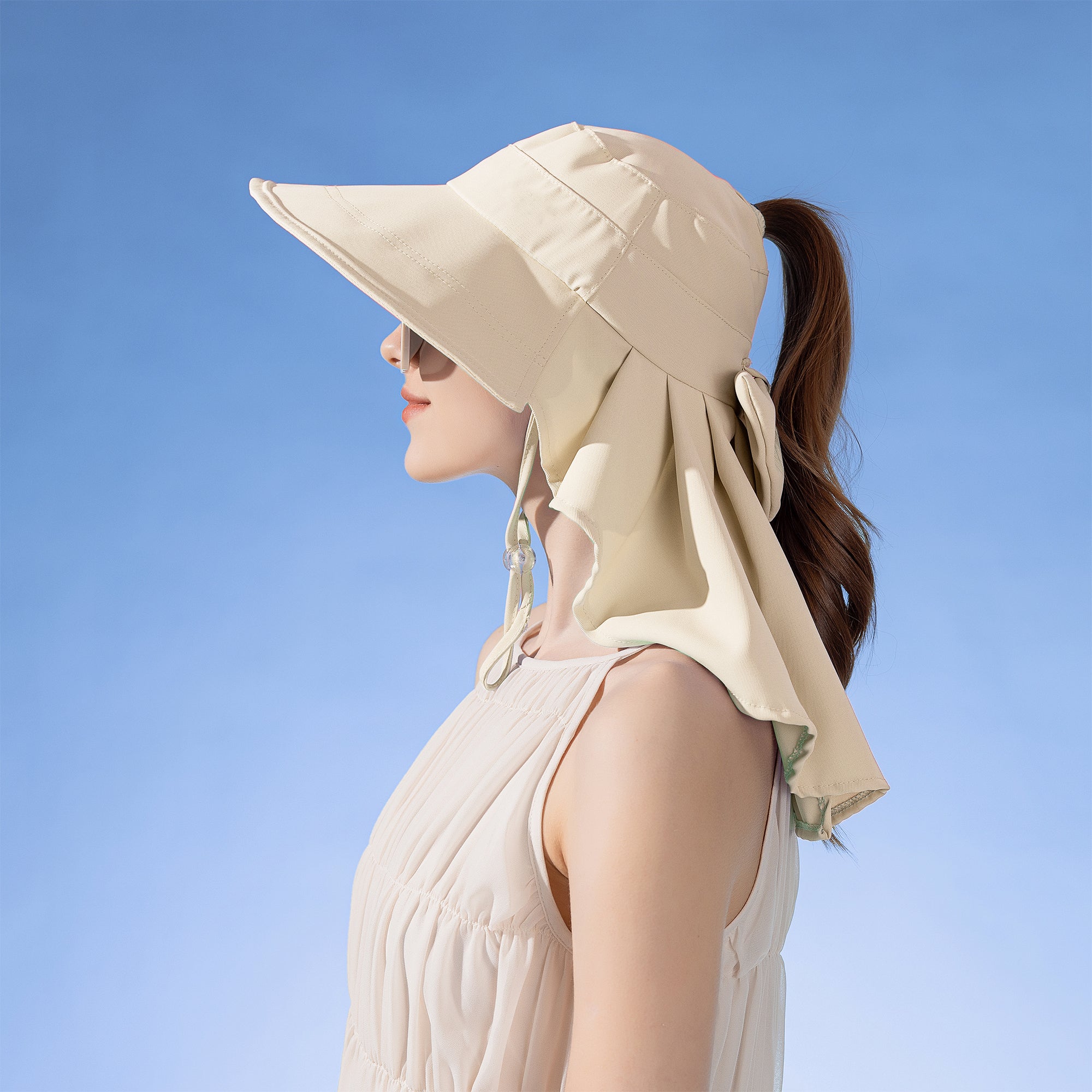 Anna-Kaci Womens Wide Brim Sun Hat UV Protection Flap Design with Back Bow Detail and Adjustable Chin Strap