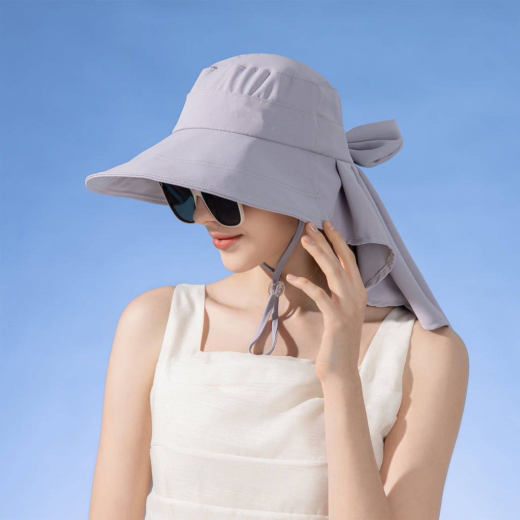 Anna-Kaci Womens Wide Brim Sun Hat UV Protection Flap Design with Back Bow Detail and Adjustable Chin Strap