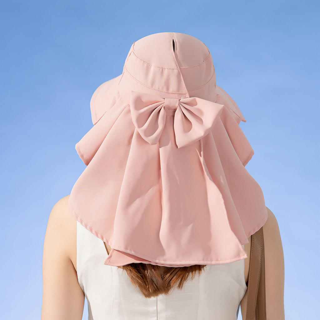 Anna-Kaci Womens Wide Brim Sun Hat UV Protection Flap Design with Back Bow Detail and Adjustable Chin Strap