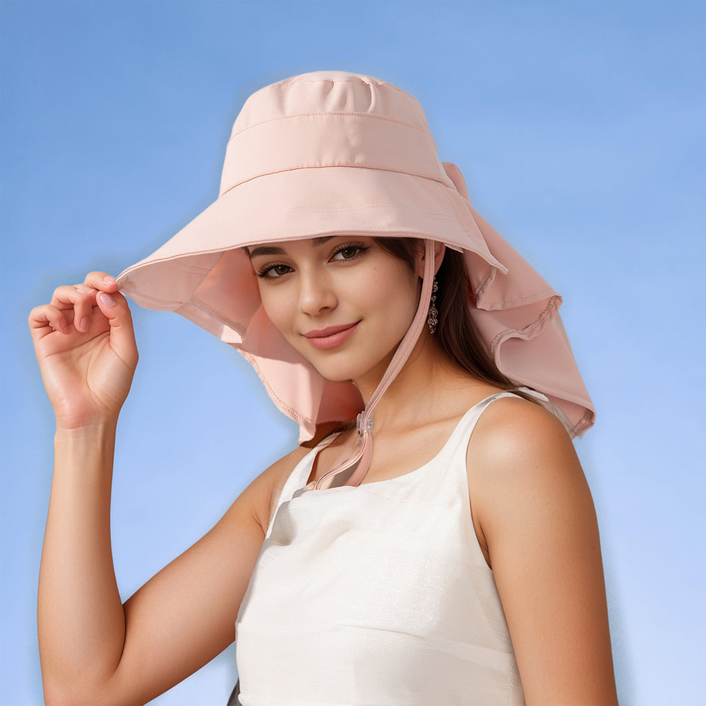 Anna-Kaci Womens Wide Brim Sun Hat UV Protection Flap Design with Back Bow Detail and Adjustable Chin Strap
