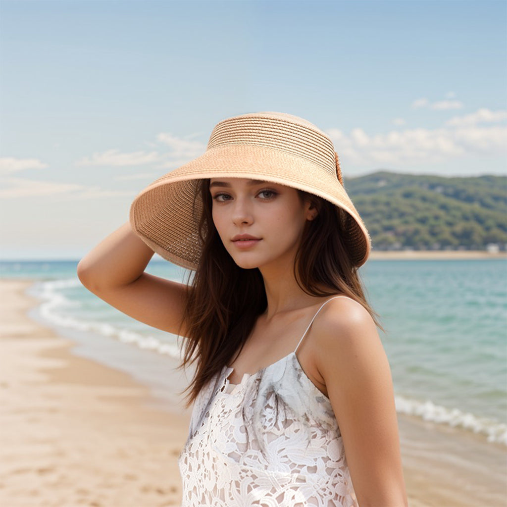 Anna-Kaci Women's Wide Brim Visor Hat with Bow Detail Adjustable Velcro Closure for Beach or Outdoor Protection