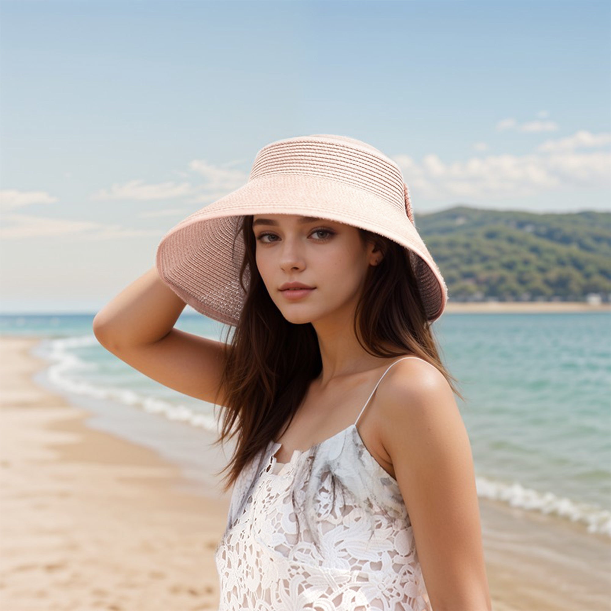 Anna-Kaci Women's Wide Brim Visor Hat with Bow Detail Adjustable Velcro Closure for Beach or Outdoor Protection