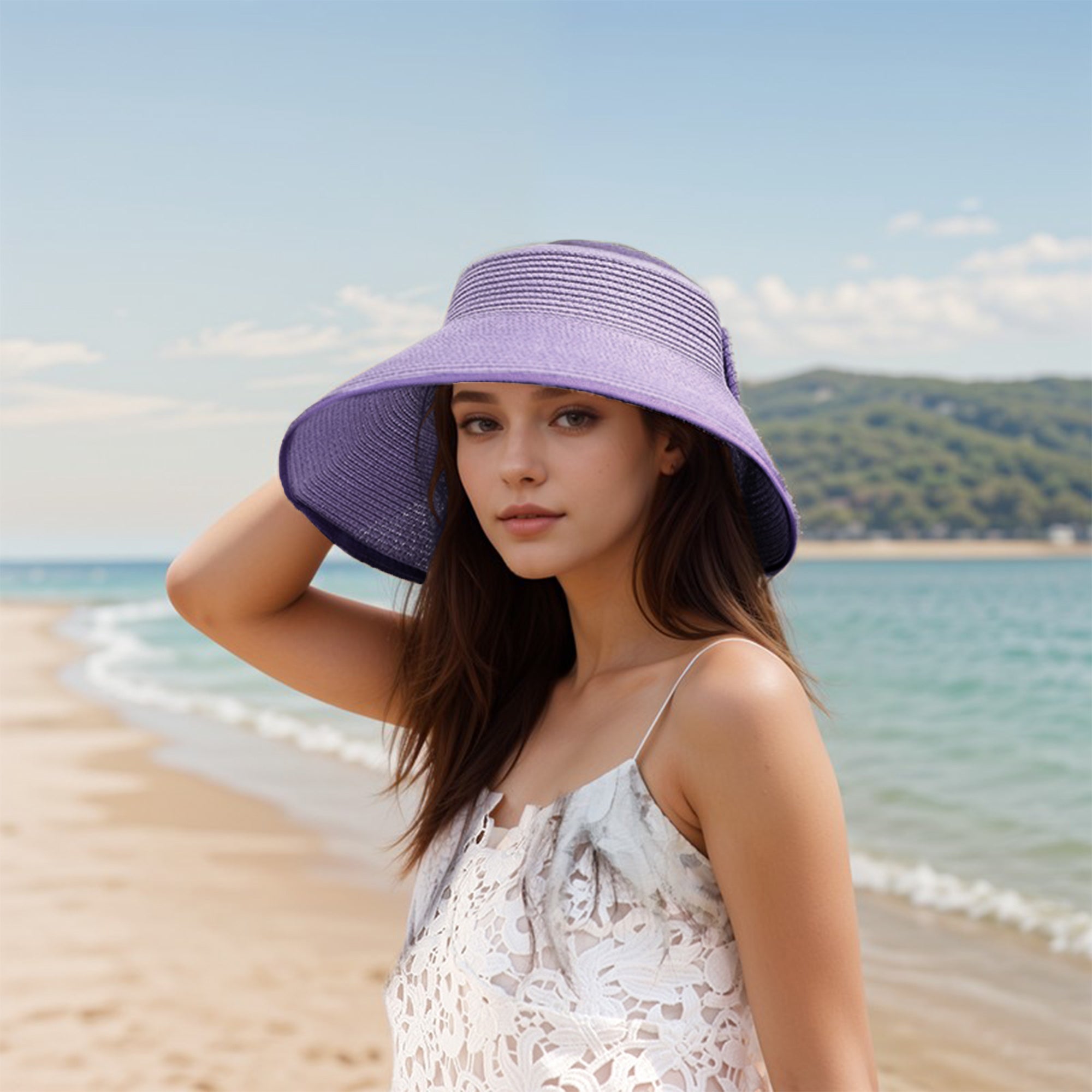 Anna-Kaci Women's Wide Brim Visor Hat with Bow Detail Adjustable Velcro Closure for Beach or Outdoor Protection