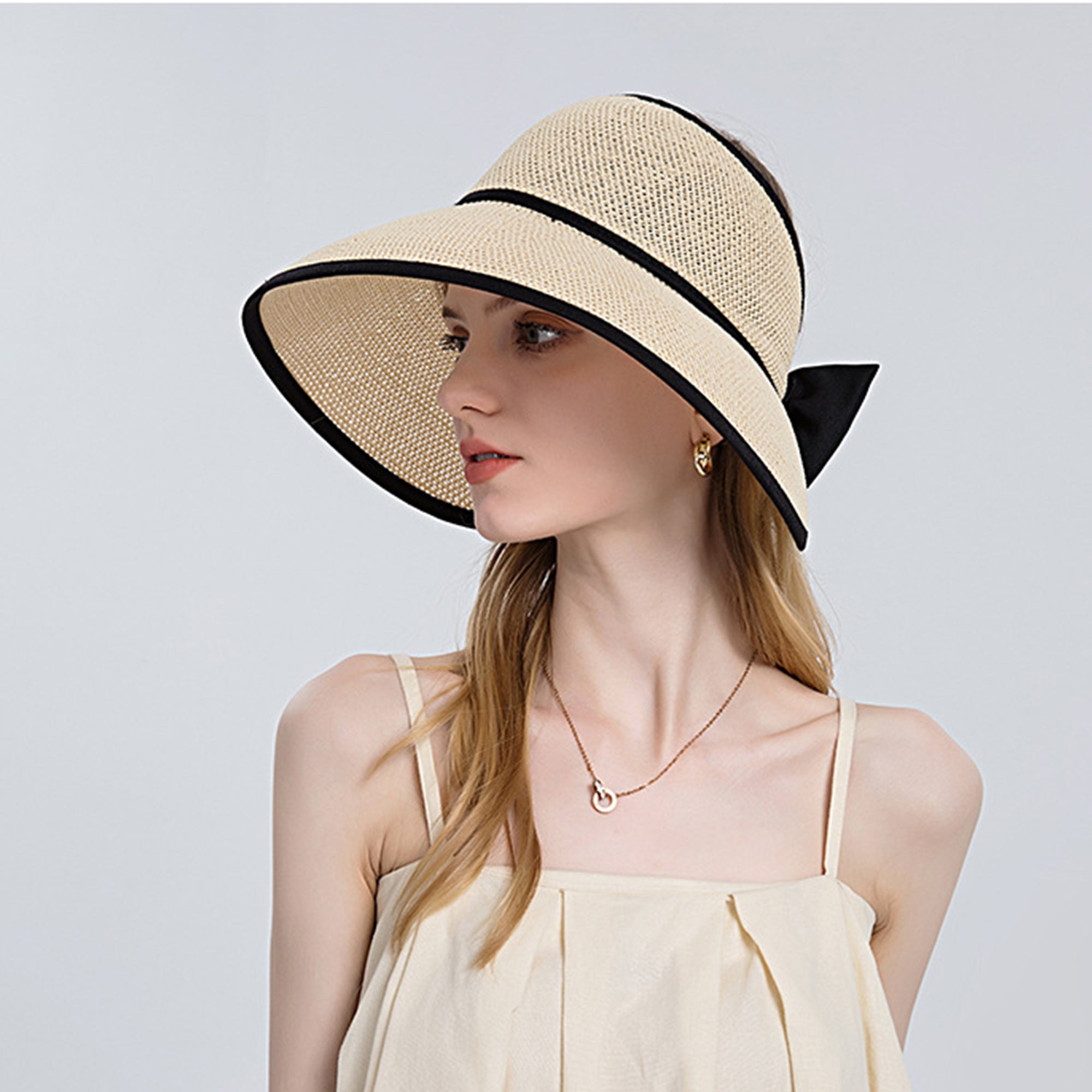 Anna-Kaci Womens Roll Up Straw Sun Visor Wide Brim Bow Detail Adjustable UV Protection Packable Summer Hat
