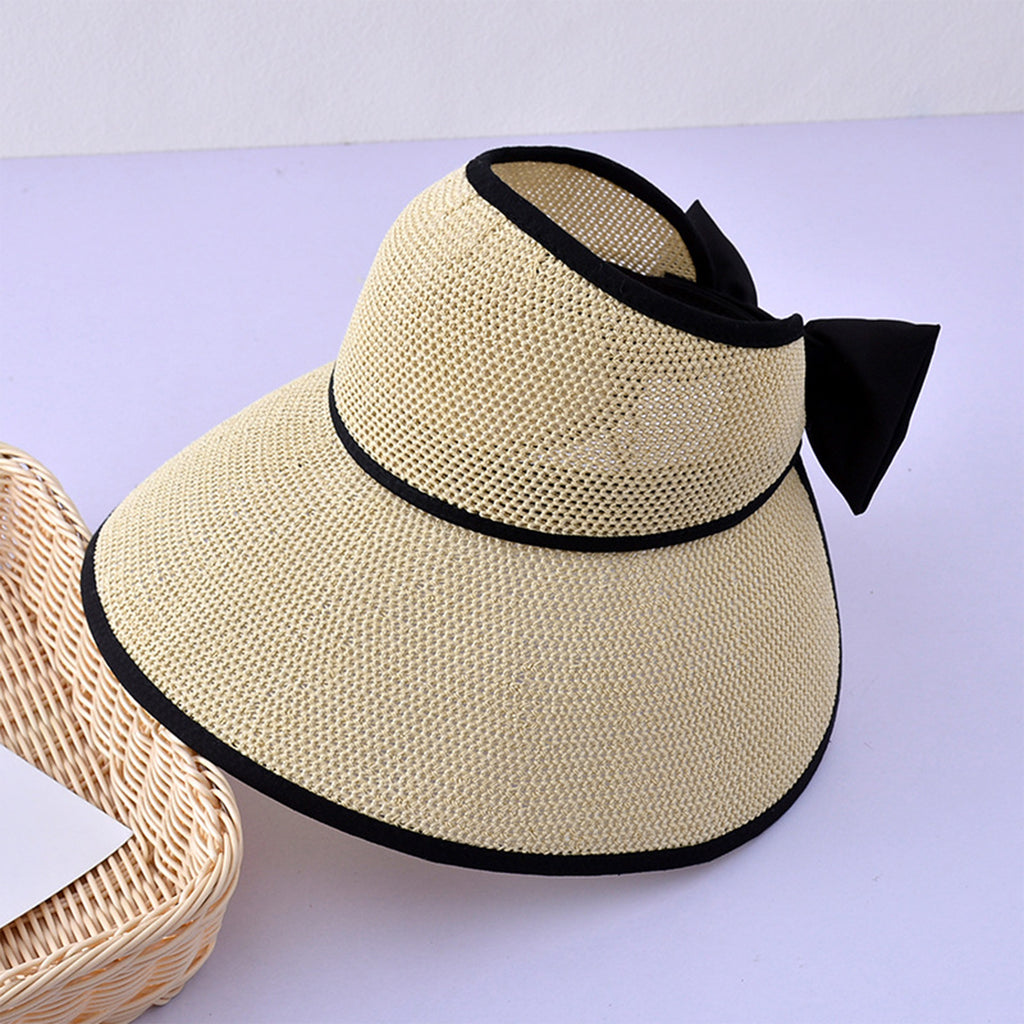 Anna-Kaci Womens Roll Up Straw Sun Visor Wide Brim Bow Detail Adjustable UV Protection Packable Summer Hat