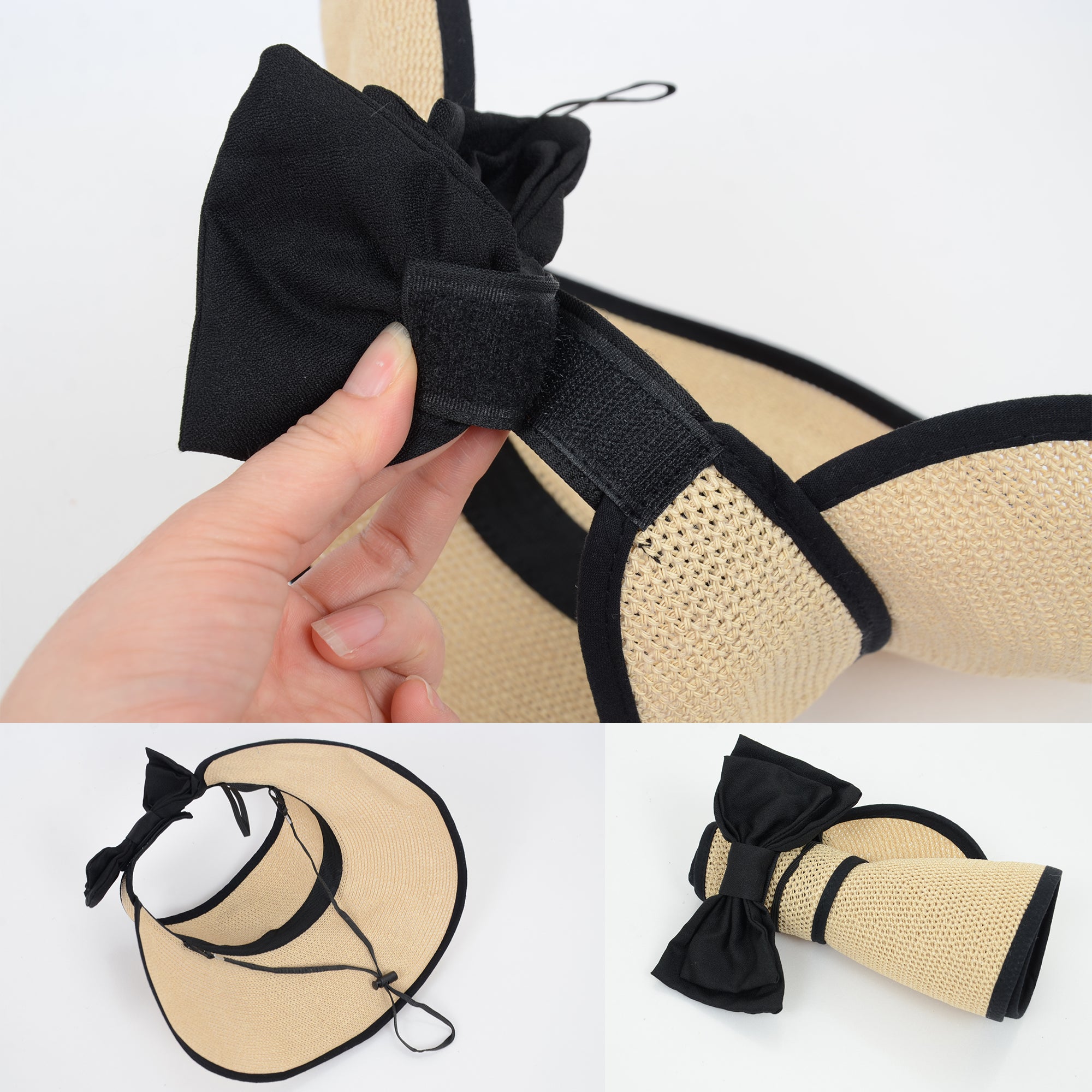 Anna-Kaci Womens Roll Up Straw Sun Visor Wide Brim Bow Detail Adjustable UV Protection Packable Summer Hat