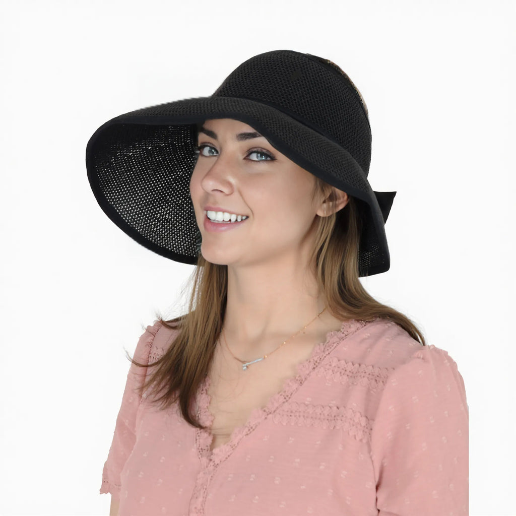 Anna-Kaci Womens Roll Up Straw Sun Visor Wide Brim Bow Detail Adjustable UV Protection Packable Summer Hat