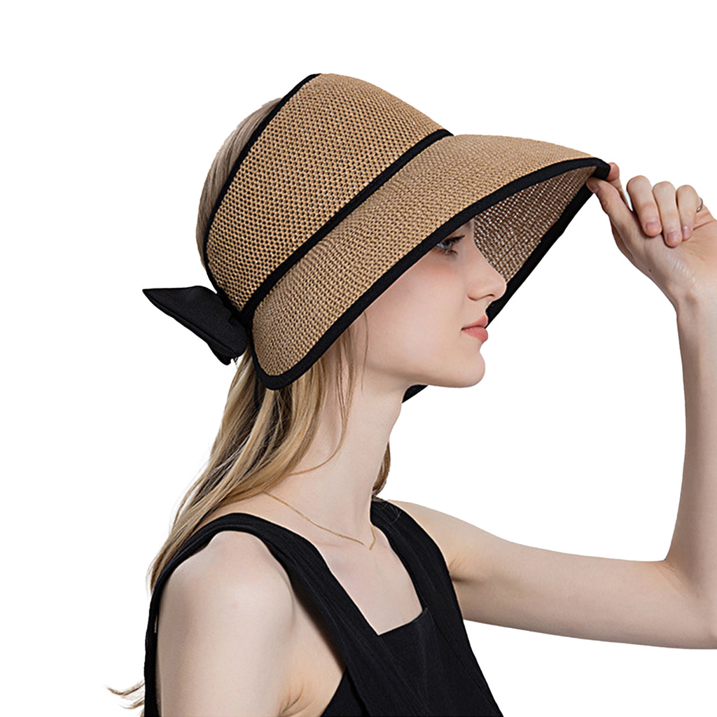 Anna-Kaci Womens Roll Up Straw Sun Visor Wide Brim Bow Detail Adjustable UV Protection Packable Summer Hat