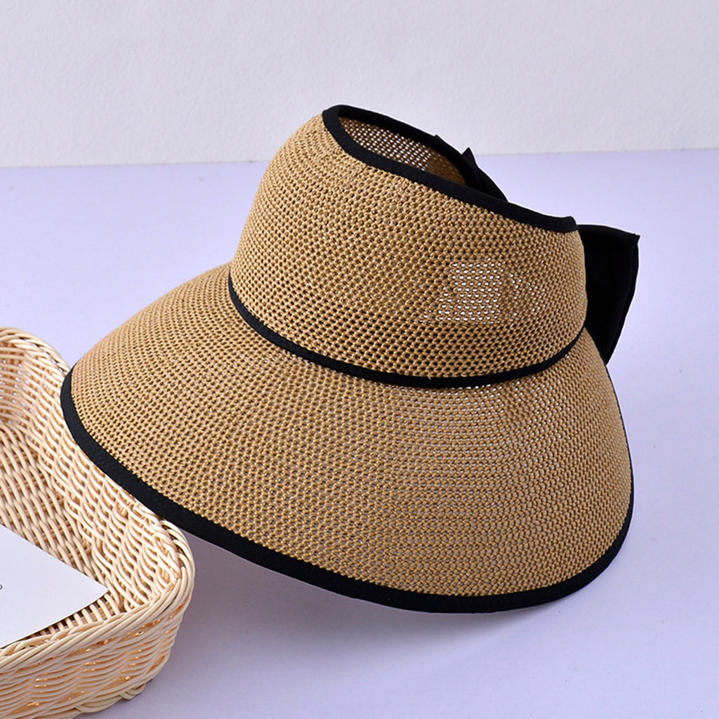 Anna-Kaci Womens Roll Up Straw Sun Visor Wide Brim Bow Detail Adjustable UV Protection Packable Summer Hat