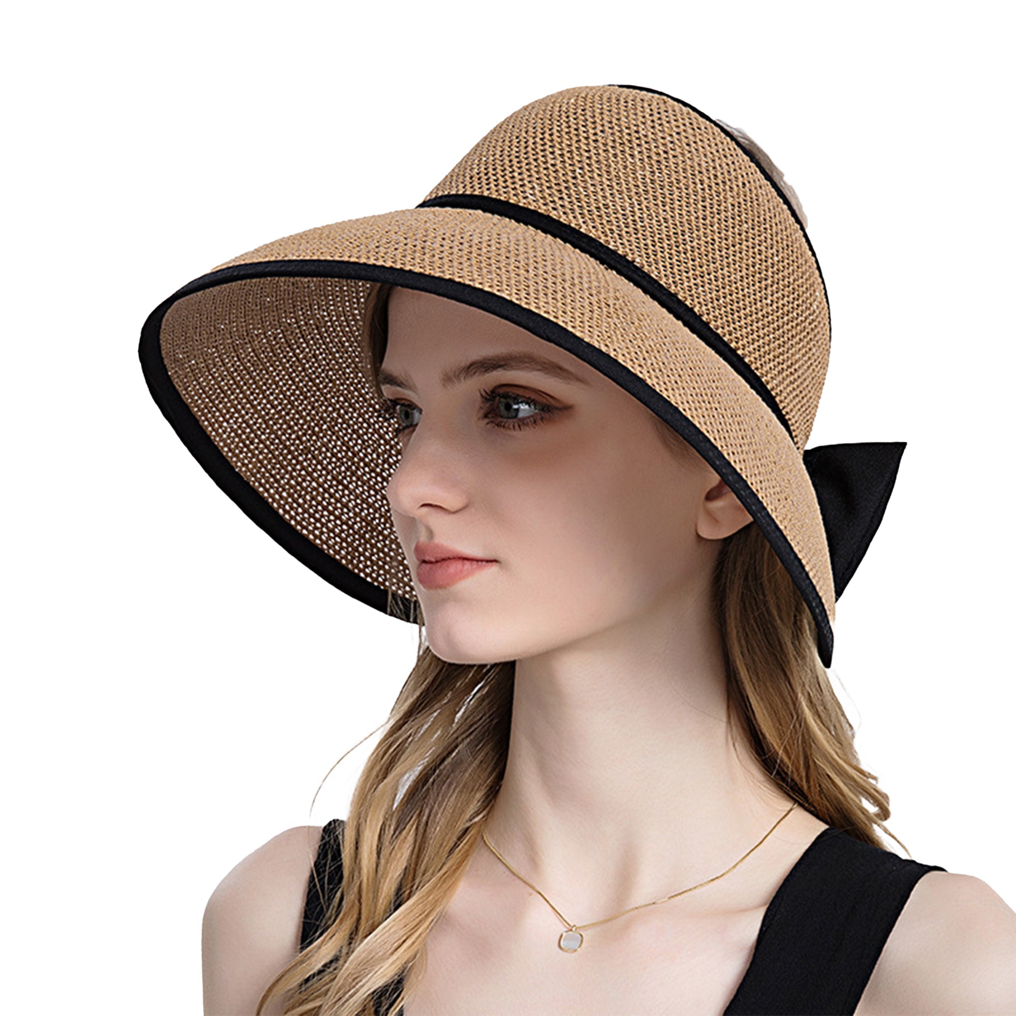 Anna-Kaci Womens Roll Up Straw Sun Visor Wide Brim Bow Detail Adjustable UV Protection Packable Summer Hat