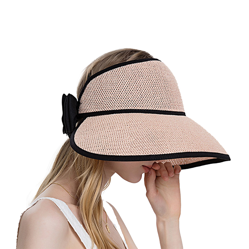 Anna-Kaci Womens Roll Up Straw Sun Visor Wide Brim Bow Detail Adjustable UV Protection Packable Summer Hat