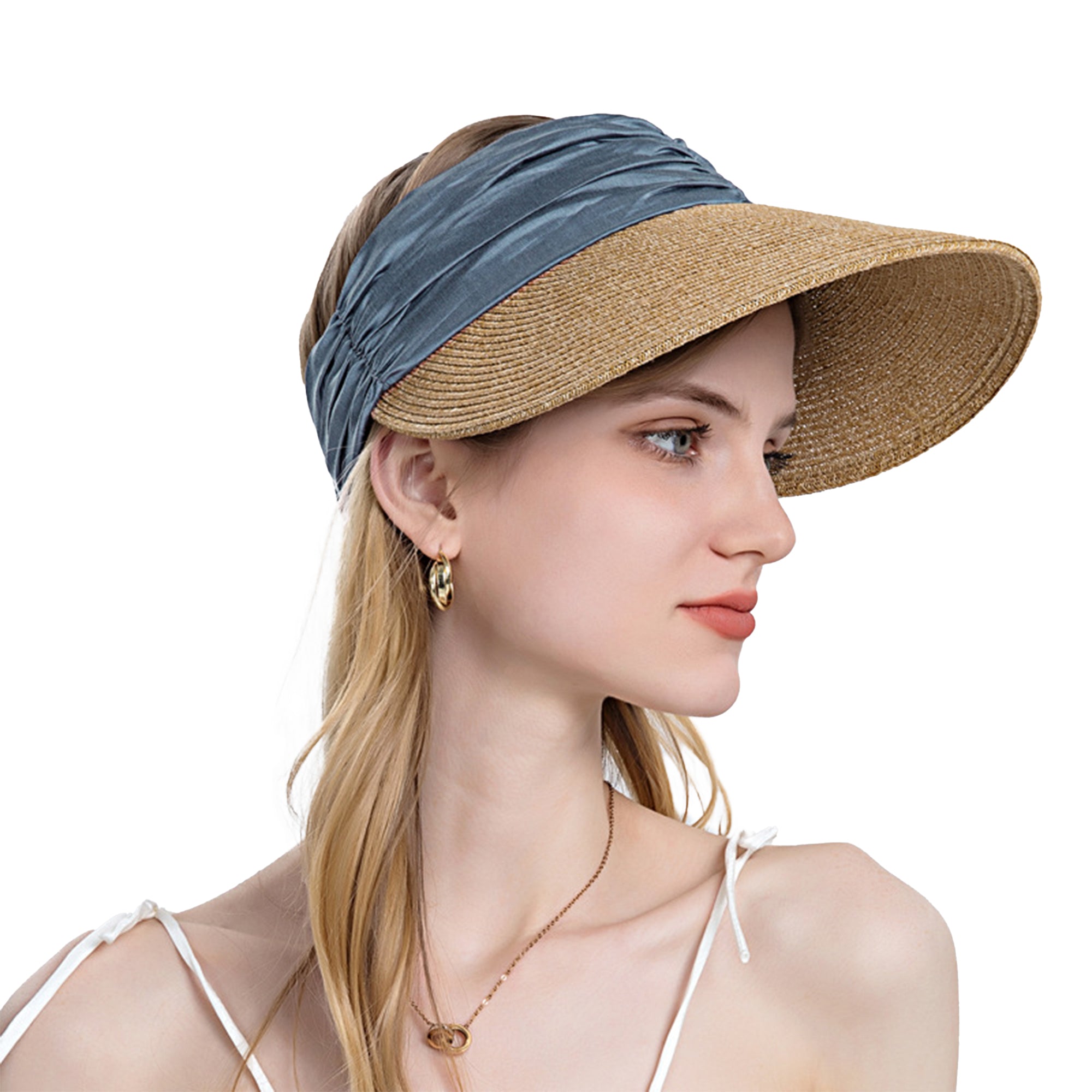 Anna-Kaci Womens Straw Sun Visor Wide Brim Adjustable Elastic Band Lightweight Summer Hat