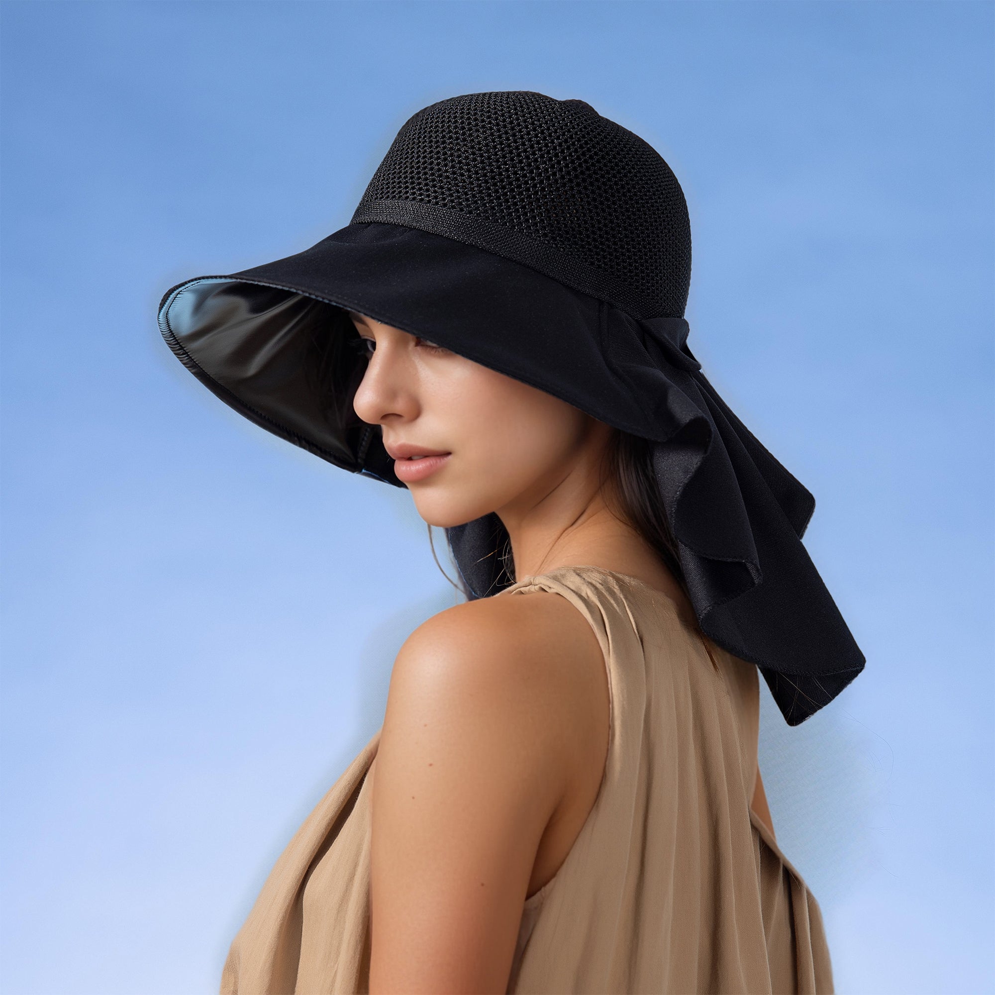Anna-Kaci Womens Mesh Panel Wide Brim Sun Hat with Back Flap UV Protection and Tie Detail for Outdoor Activities