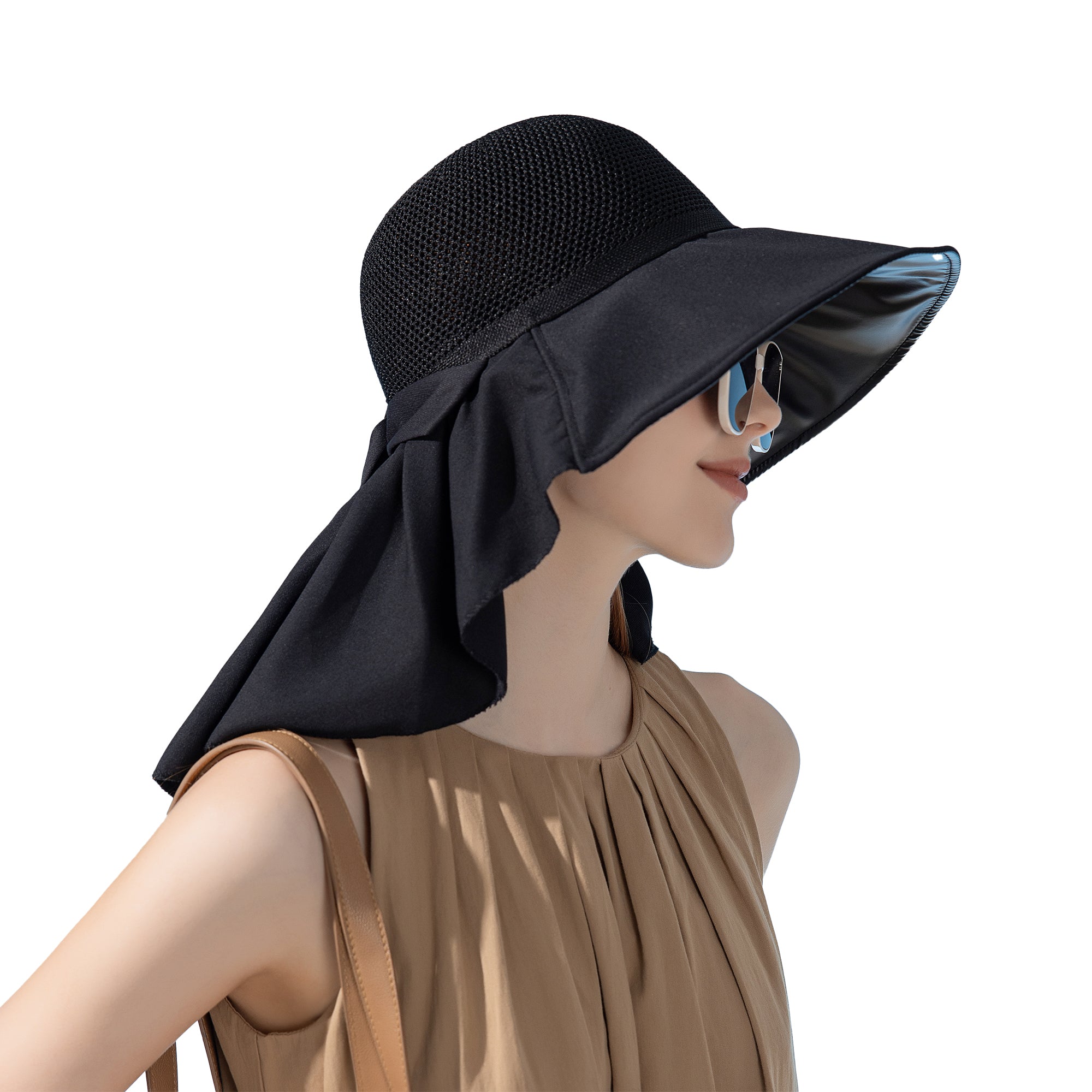 Anna-Kaci Womens Mesh Panel Wide Brim Sun Hat with Back Flap UV Protection and Tie Detail for Outdoor Activities