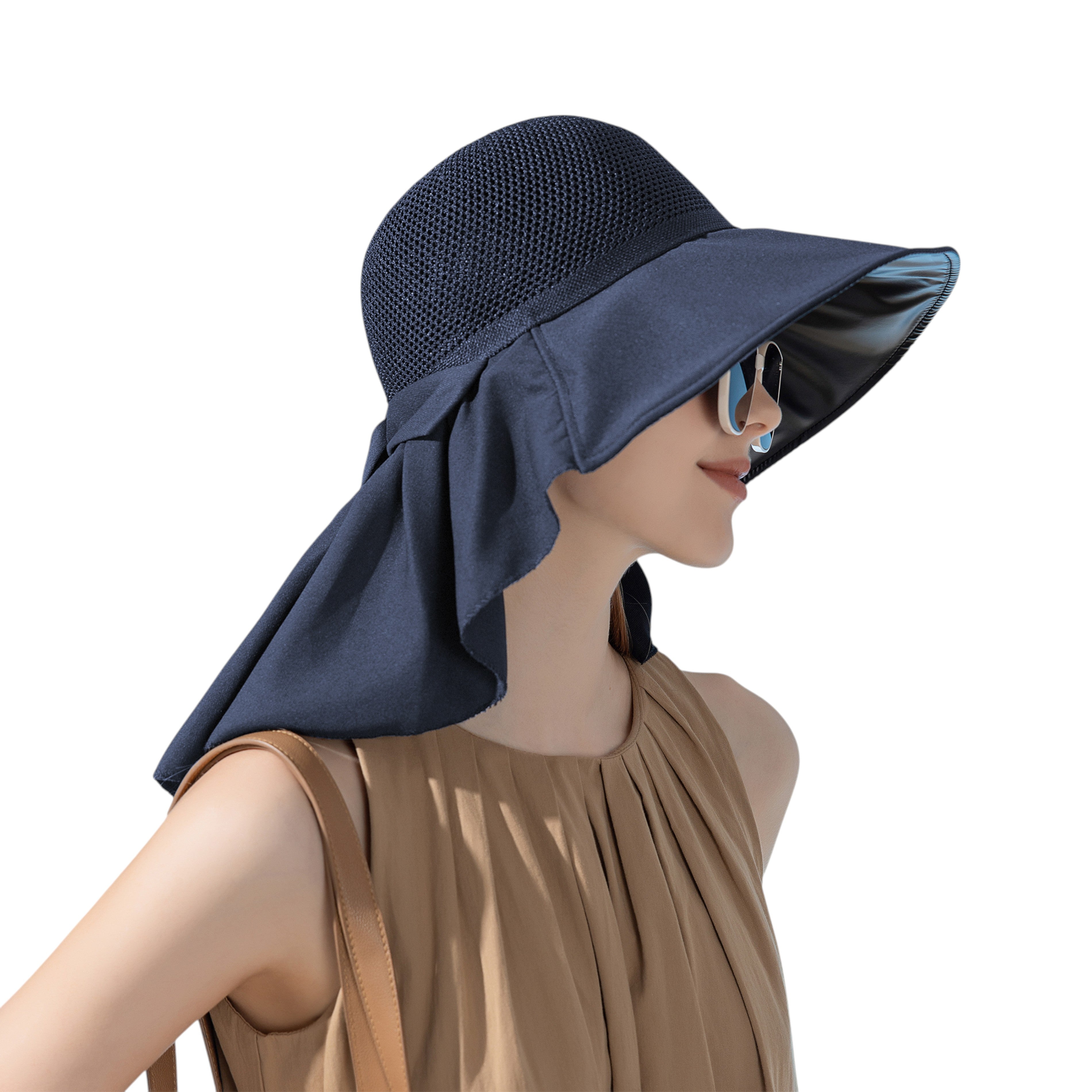 Anna-Kaci Womens Mesh Panel Wide Brim Sun Hat with Back Flap UV Protection and Tie Detail for Outdoor Activities