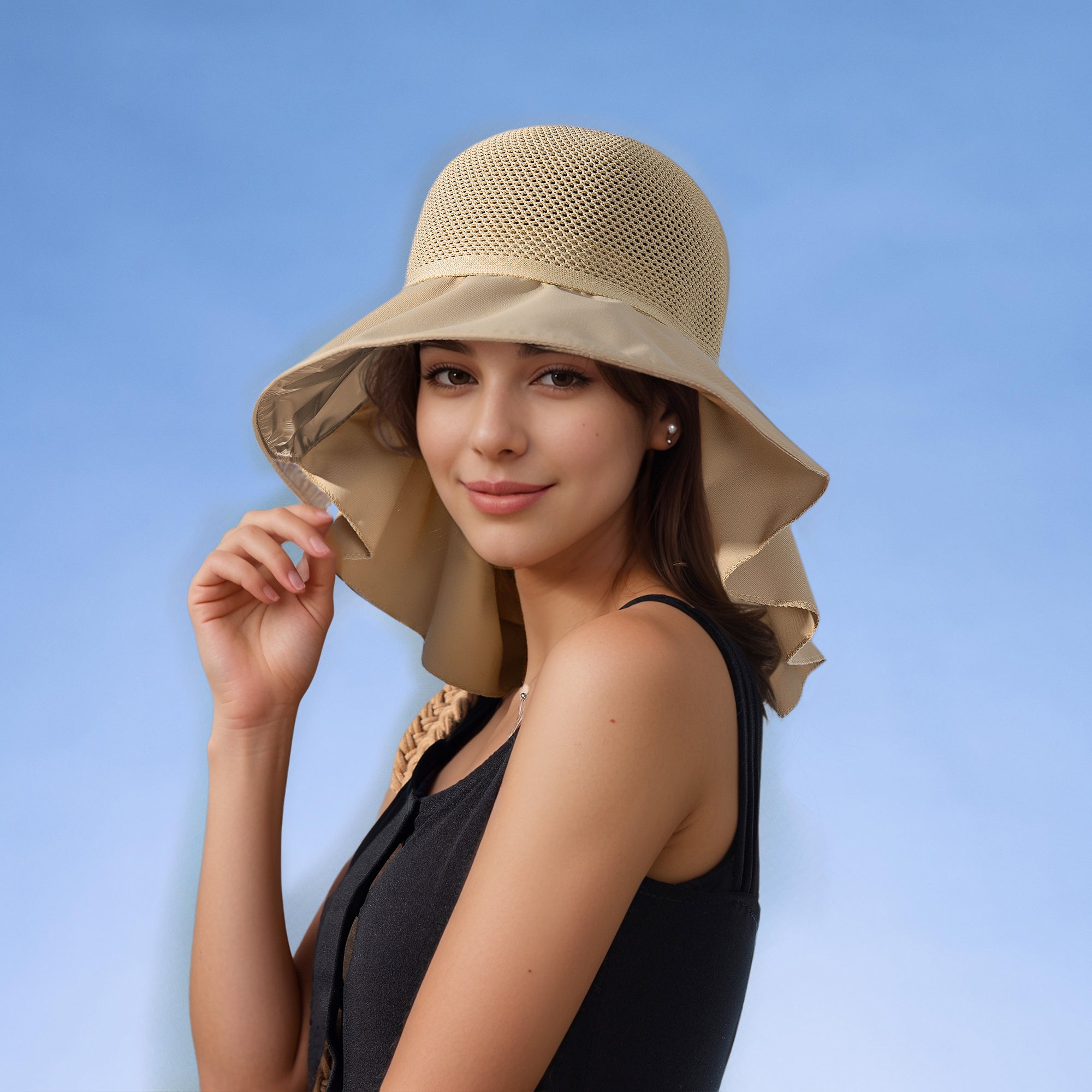 Anna-Kaci Womens Mesh Panel Wide Brim Sun Hat with Back Flap UV Protection and Tie Detail for Outdoor Activities