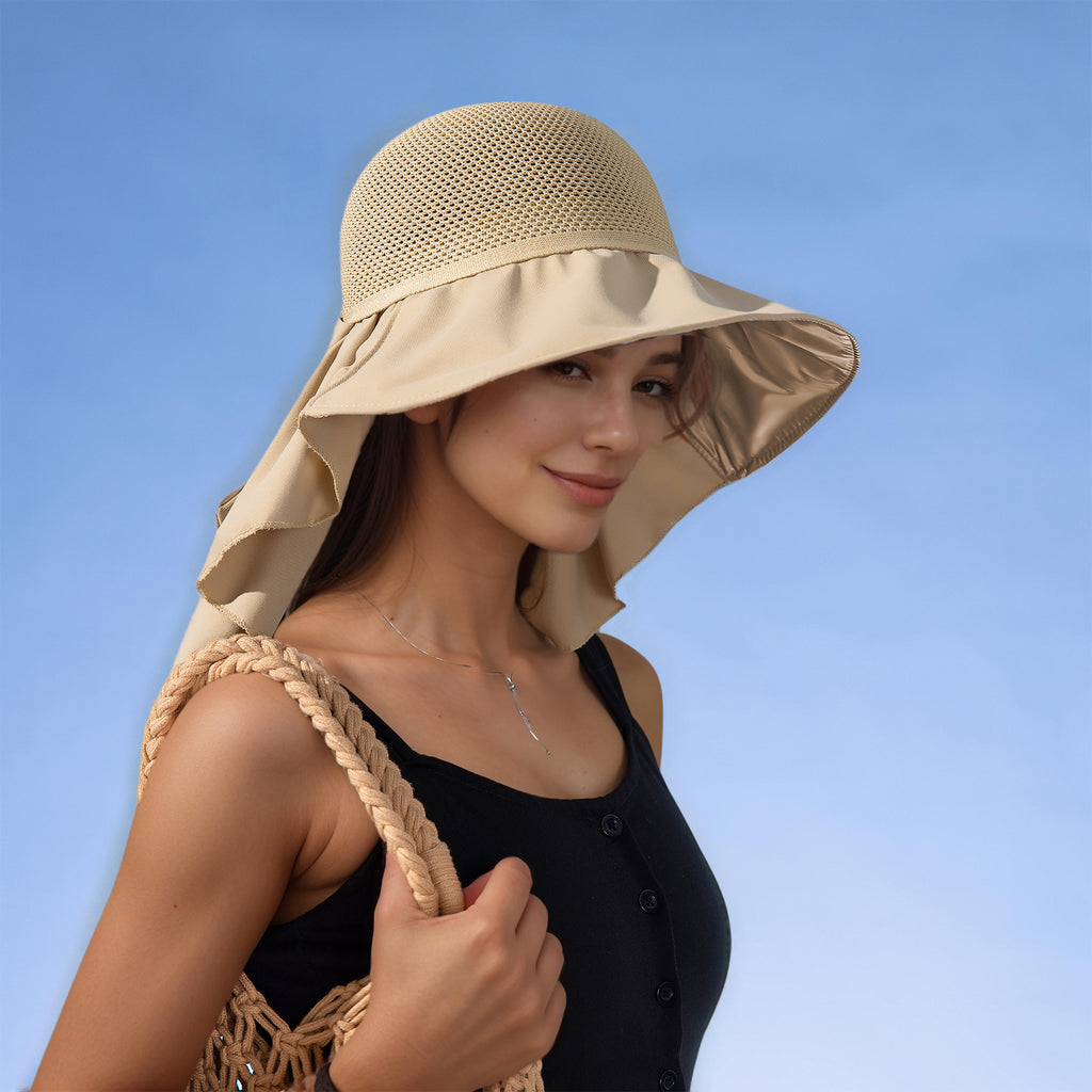 Anna-Kaci Womens Mesh Panel Wide Brim Sun Hat with Back Flap UV Protection and Tie Detail for Outdoor Activities