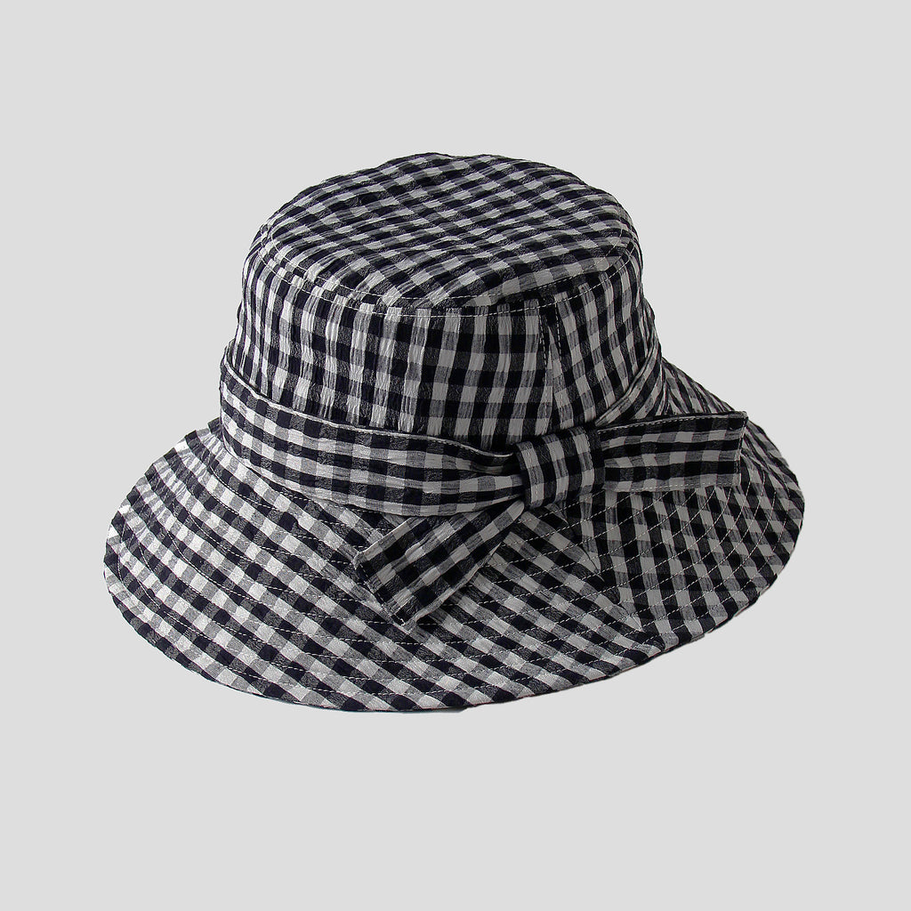 Anna-Kaci Women's Gingham Wide - Brim Sun Hat with Bow Chin Strap