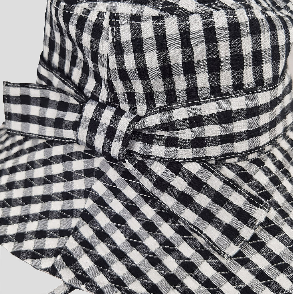 Anna-Kaci Women's Gingham Wide - Brim Sun Hat with Bow Chin Strap