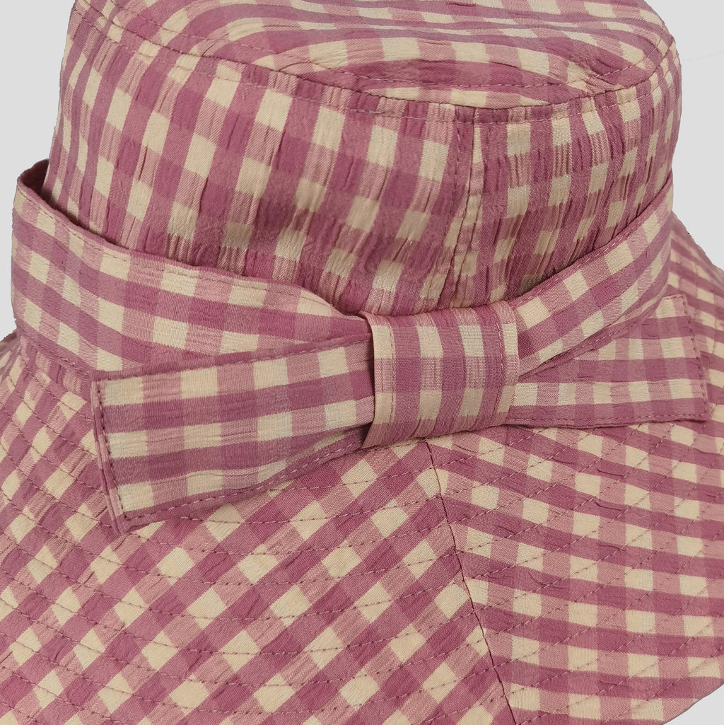 Anna-Kaci Women's Gingham Wide - Brim Sun Hat with Bow Chin Strap