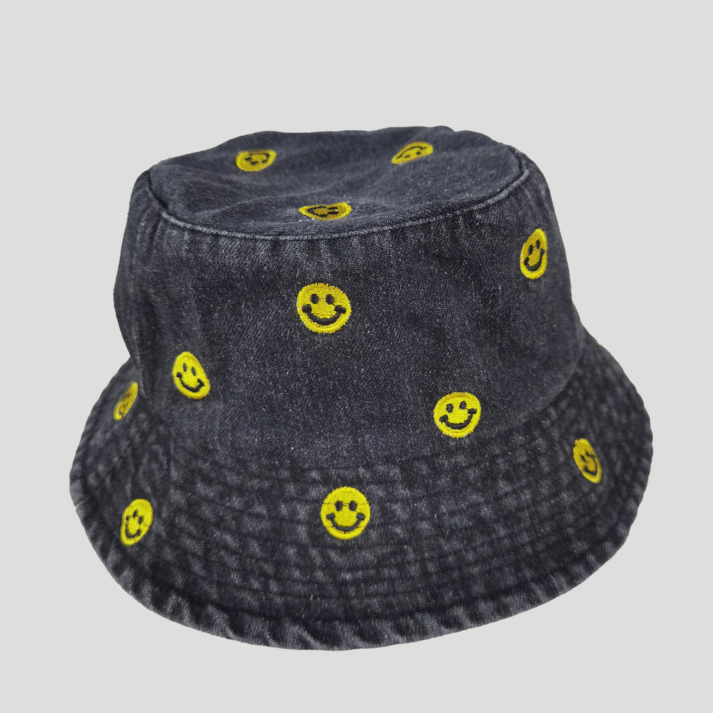 Anna-Kaci Women's Denim Bucket Hat Foldable with Smiley Face Embroidery