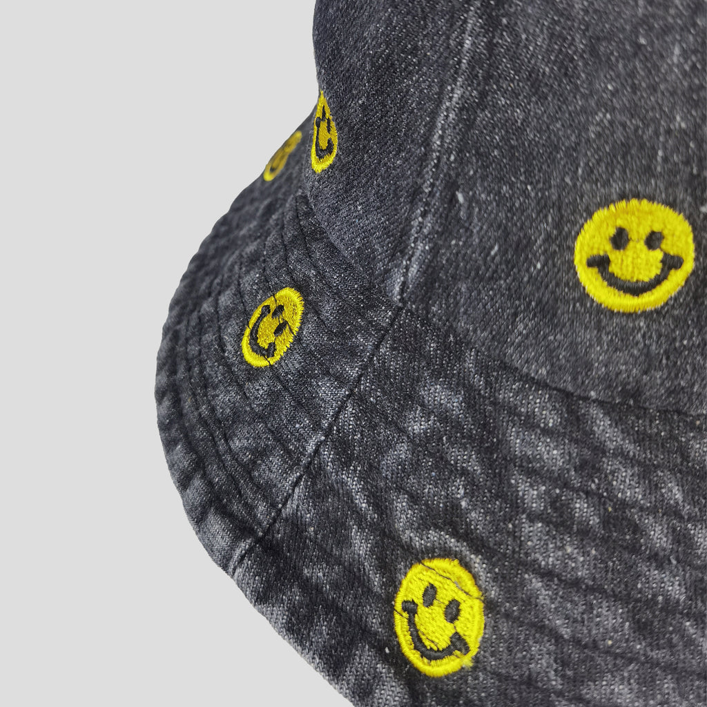 Anna-Kaci Women's Denim Bucket Hat Foldable with Smiley Face Embroidery