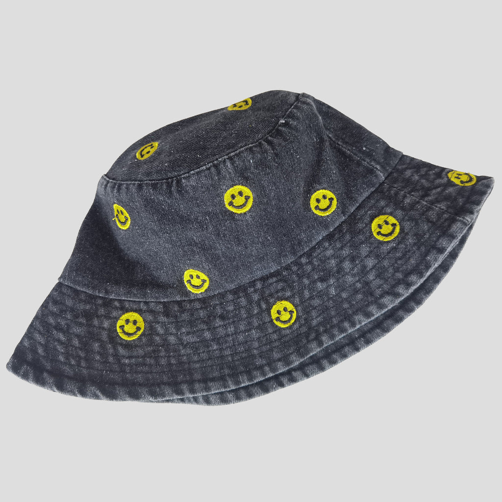 Anna-Kaci Women's Denim Bucket Hat Foldable with Smiley Face Embroidery